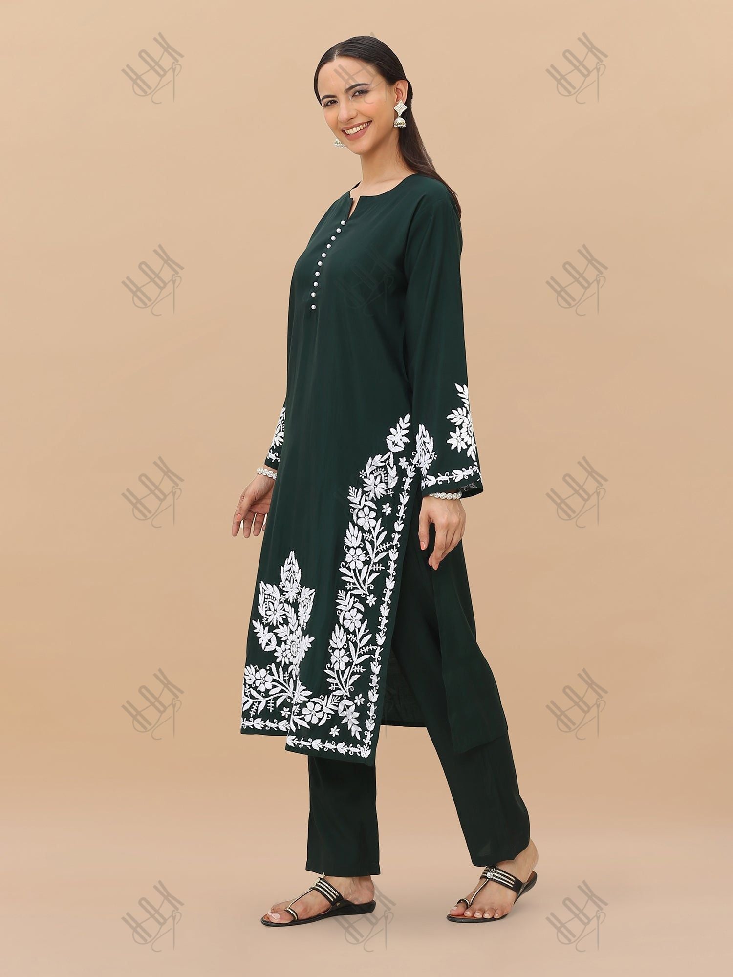 Saba Chikankari Kurta Set in Modal Silk -Green