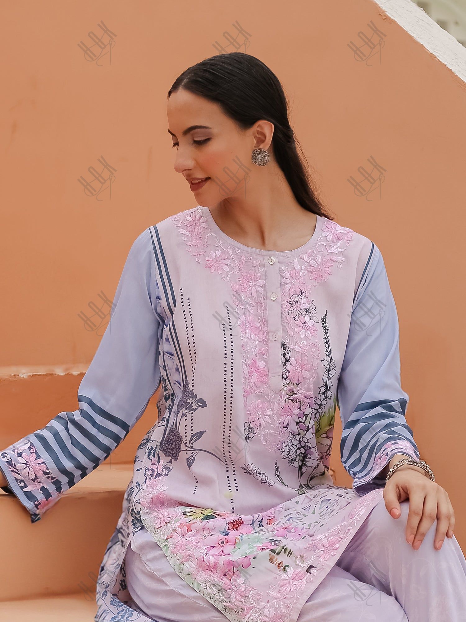 Saba Chikankari Set in Printed Polysilk - Pink Blue