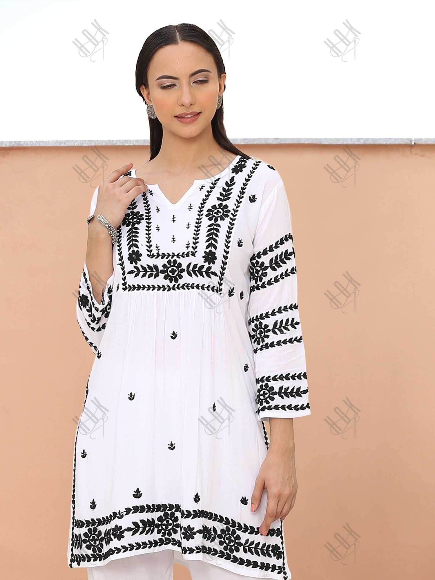 Saba Chikankari Short Kurta in Rayon cotton - White With Black