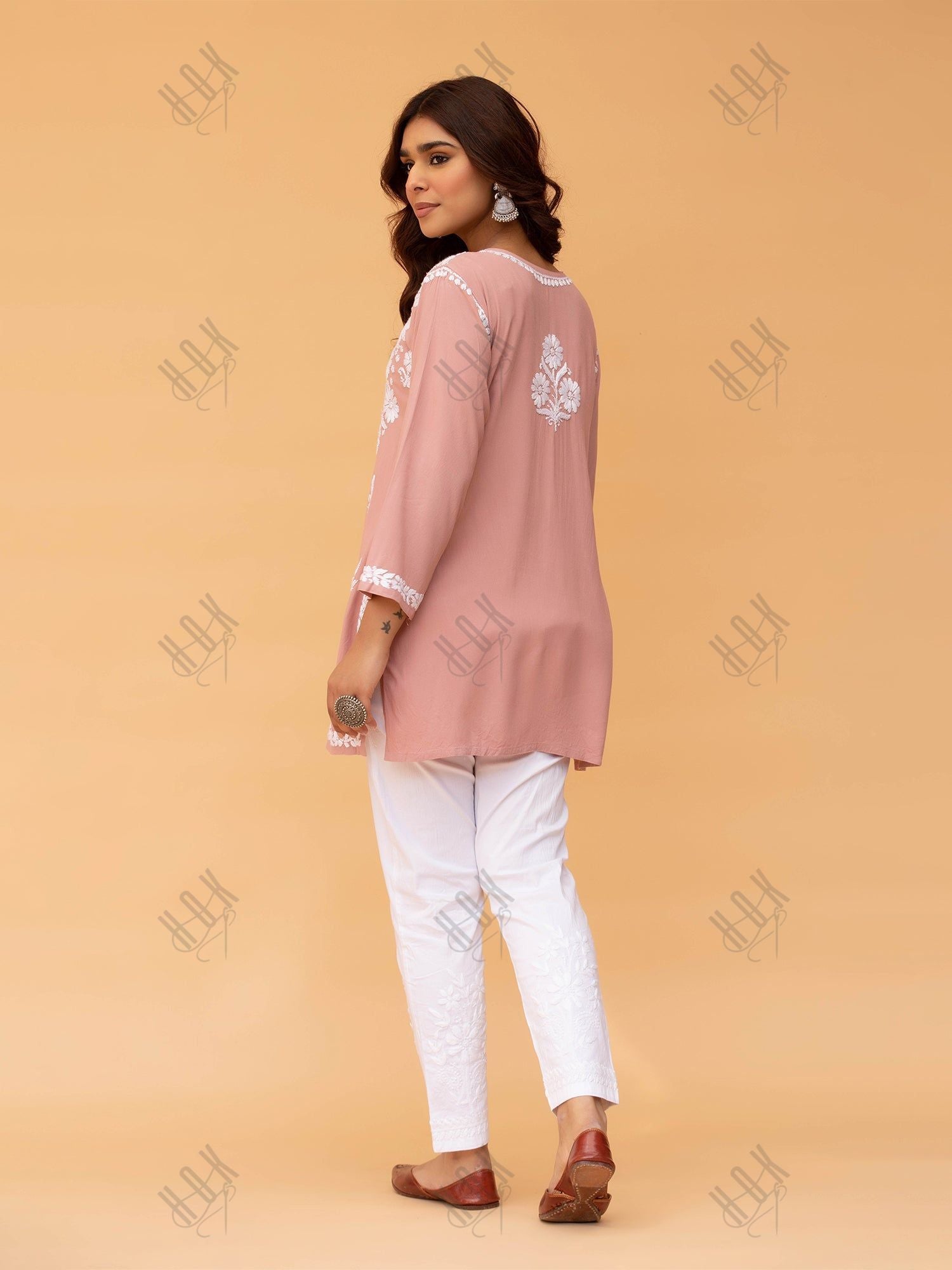 Saba Chikankari Short Kurta in Rayon cotton - Peach