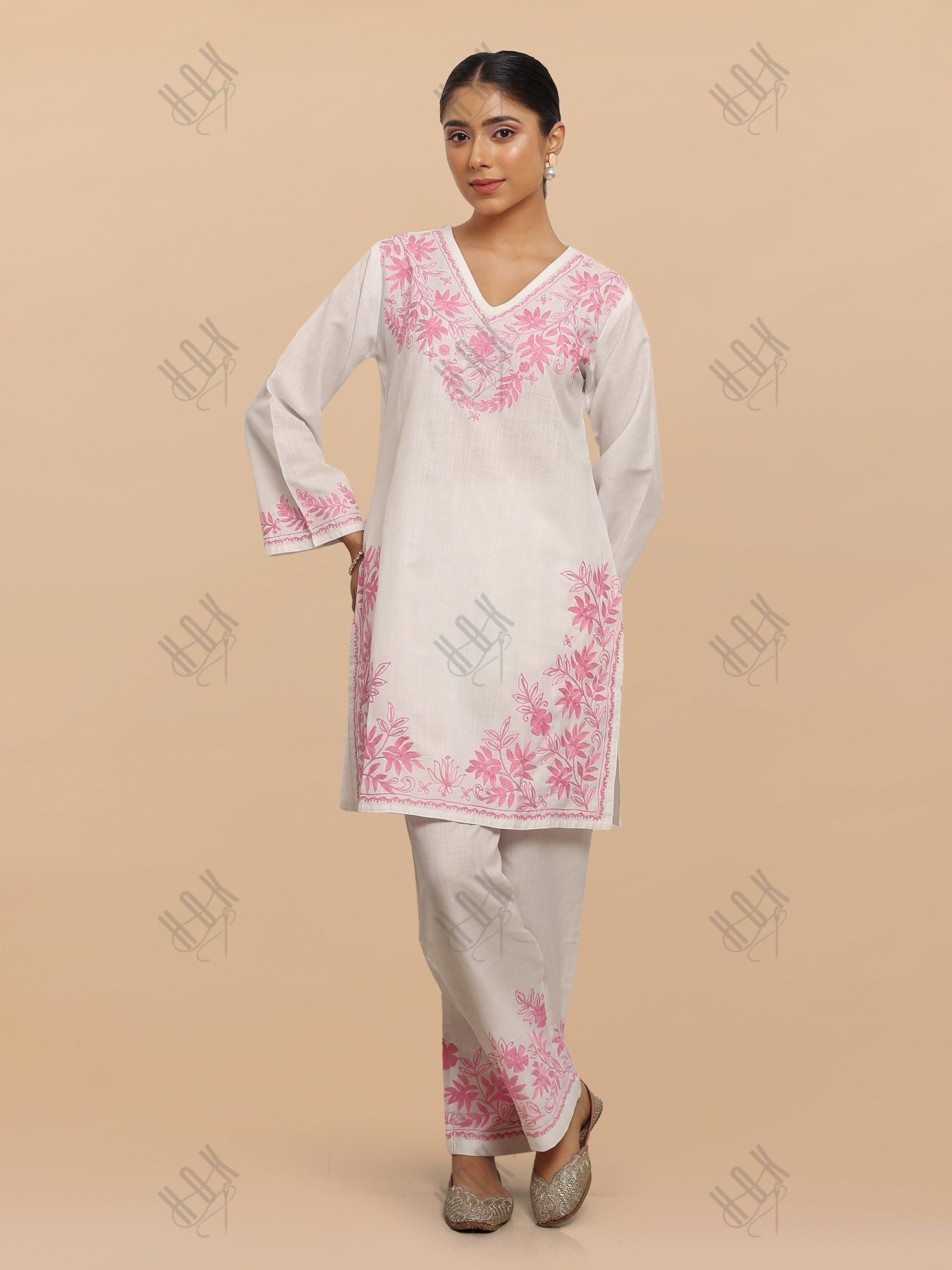 Falak Kashmiri Kurta Set  - White