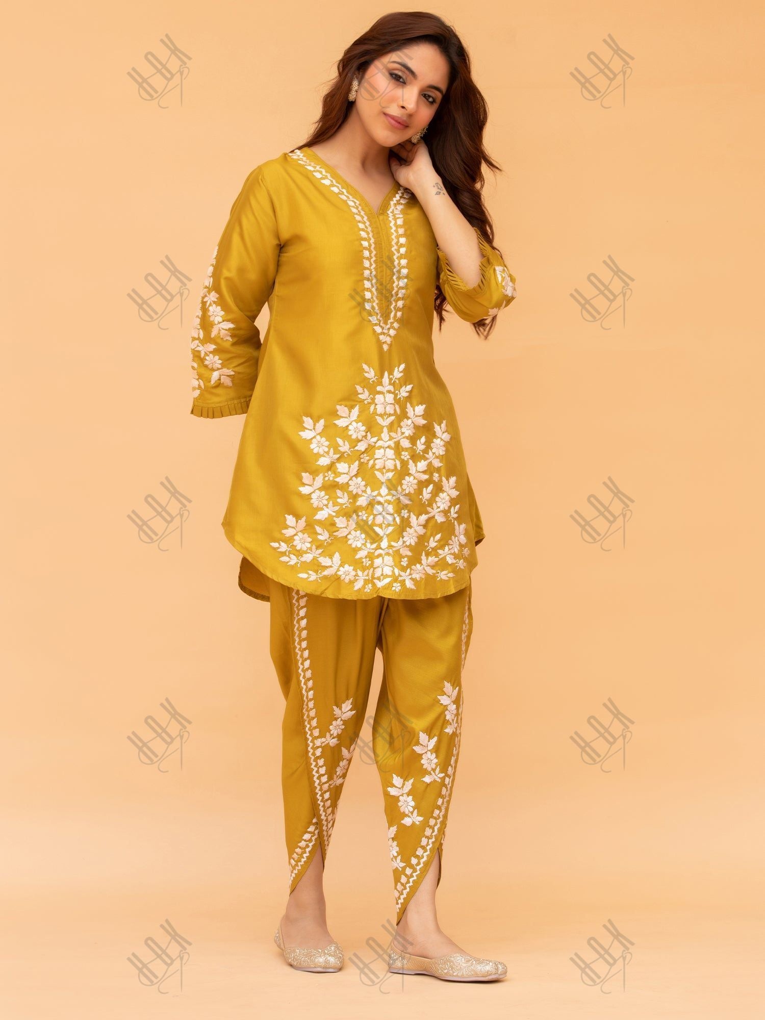 Saba Chikankari Kurta Set in Habutai Silk - Mustard