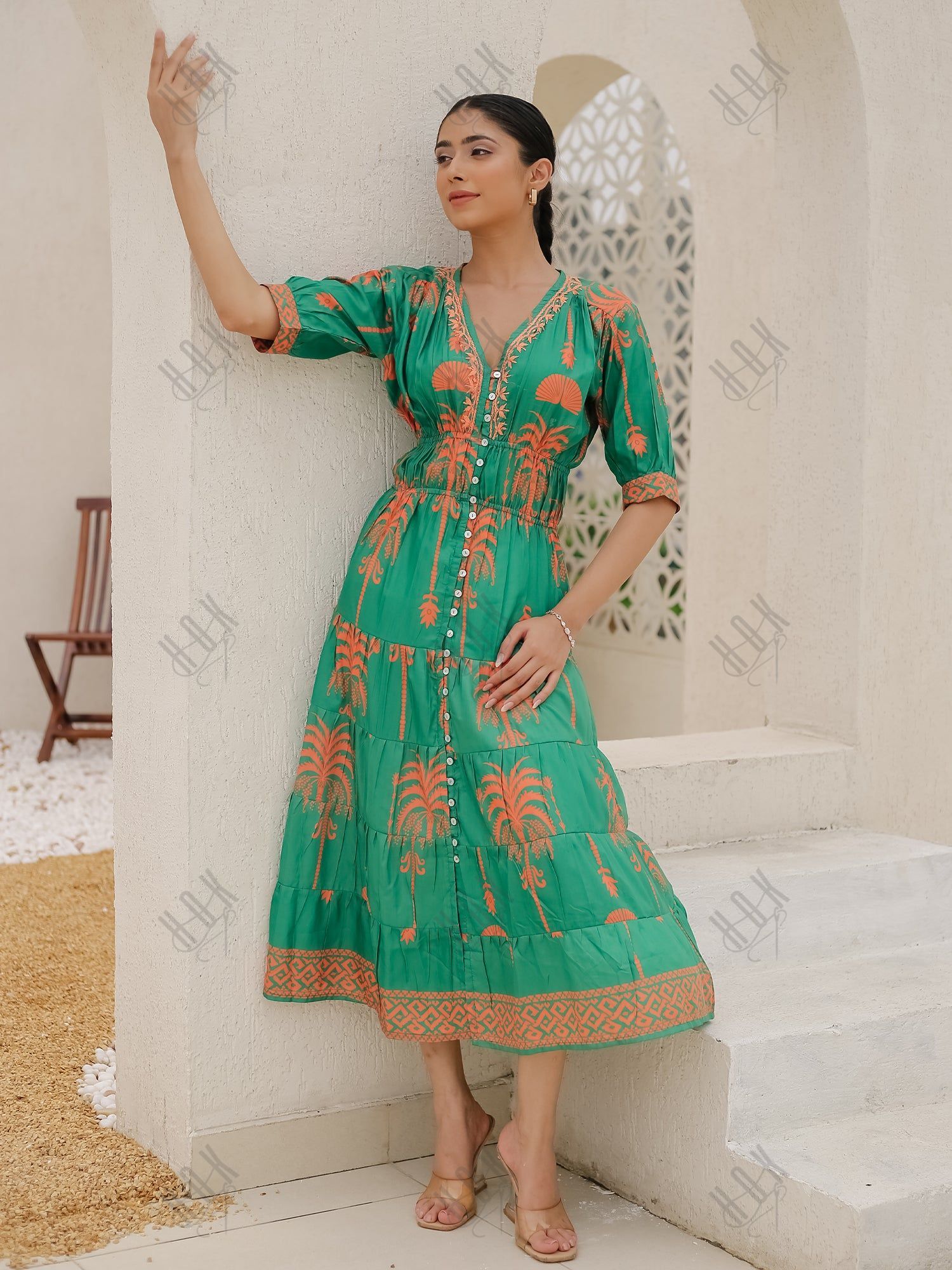 Saba Chikanakri Dress in Printed Poly Muslin  - Green