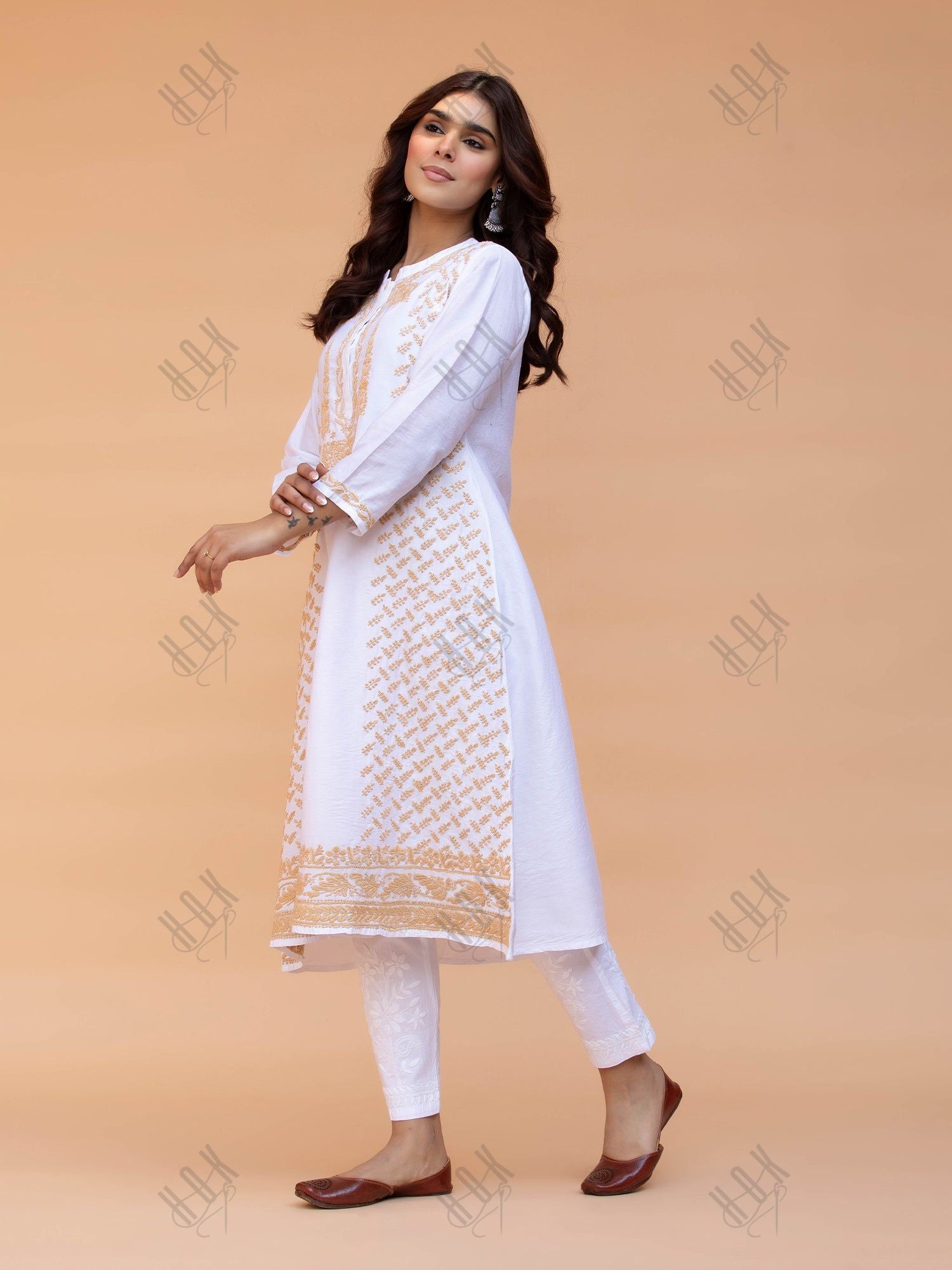 Saba Chikankari Long Kurta in Chanderi Silk with Beige