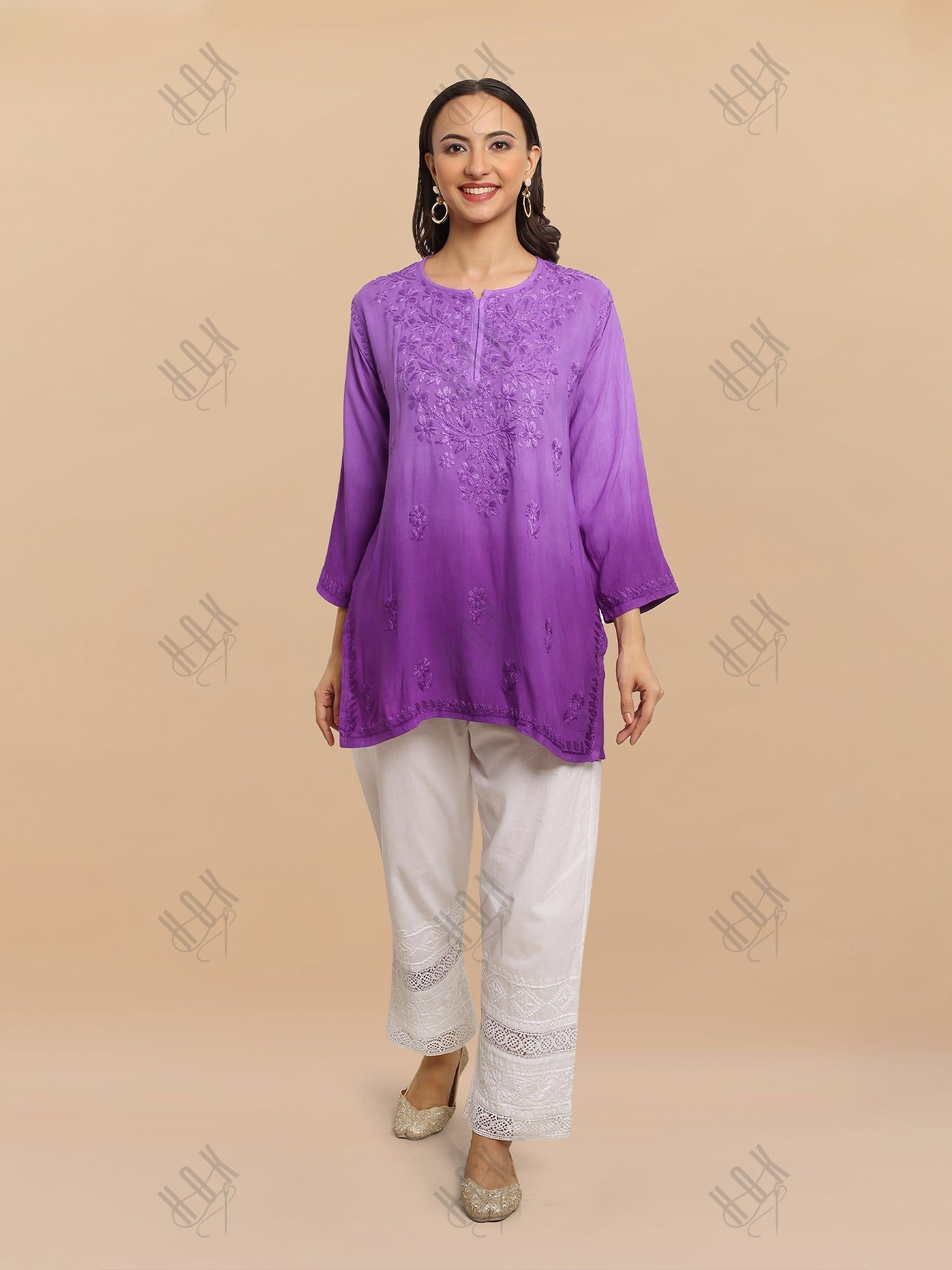 Saba Chikankari Short Kurta in Rayon cotton - Purple