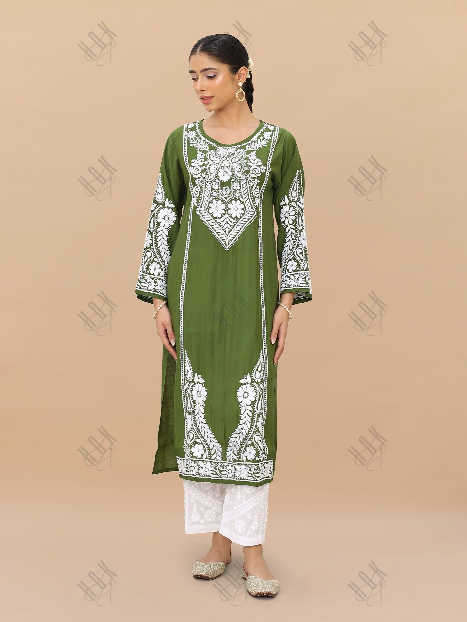 Saba Chikankari Kurti in Modal Silk - Green