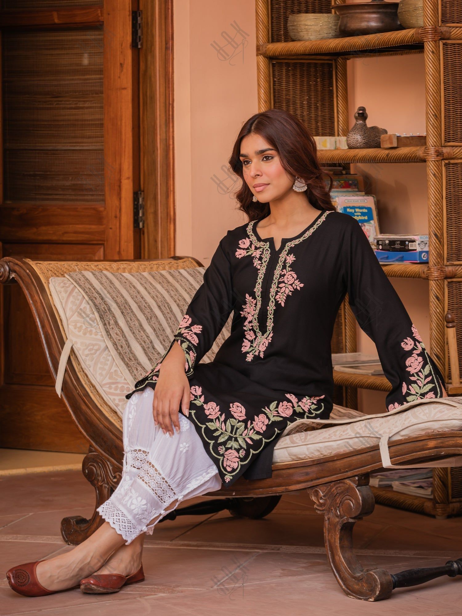 Saba Chikankari Kurta in Rayon Cotton - Black