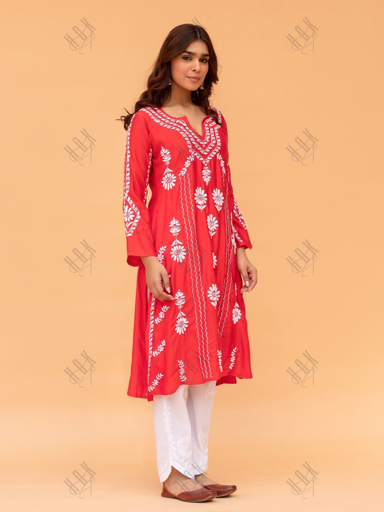 Saba Chikankari Long Kurta in Barfi Silk - Red