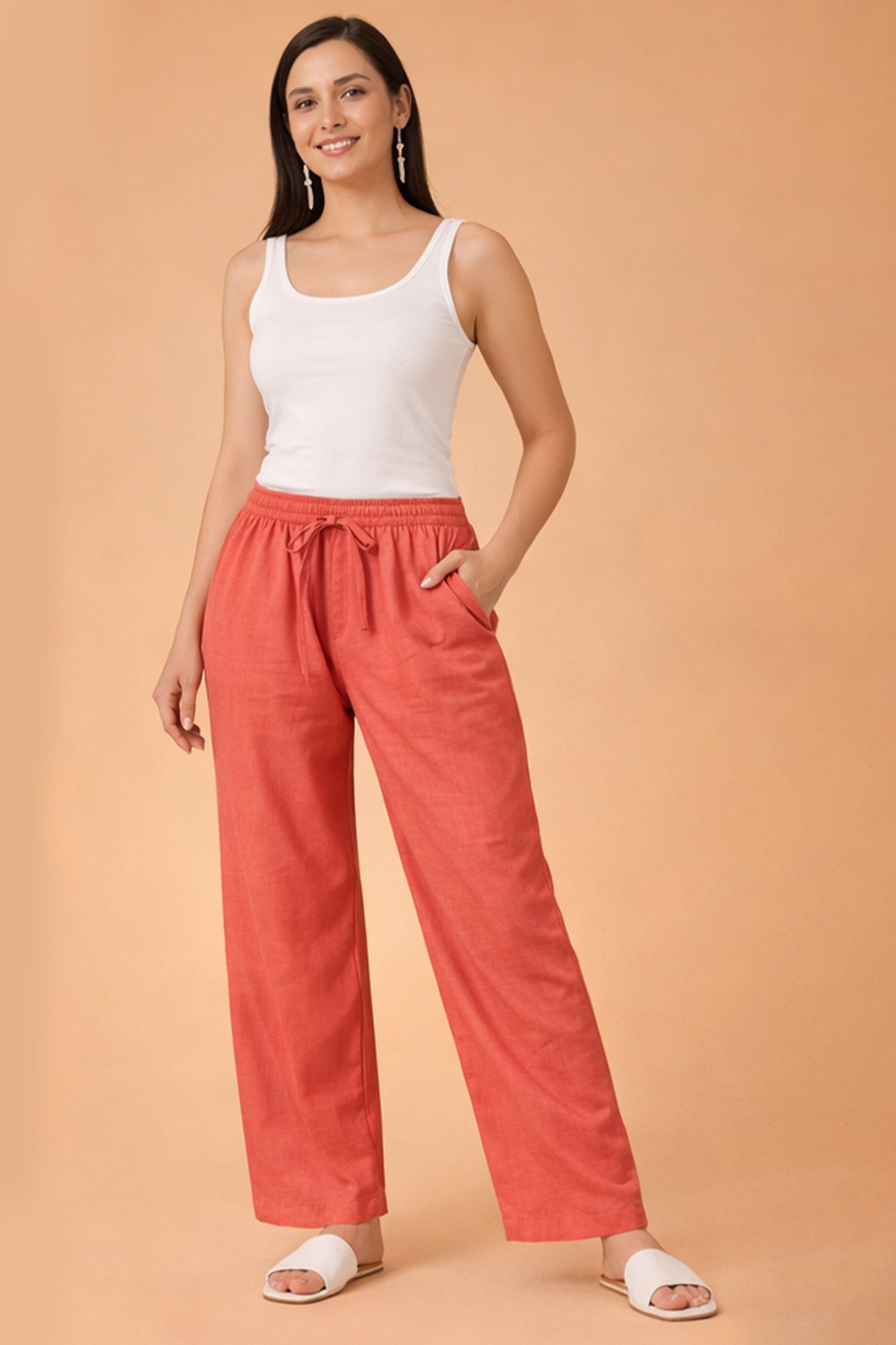 Cotton Bell-Bottom Pants - Peach