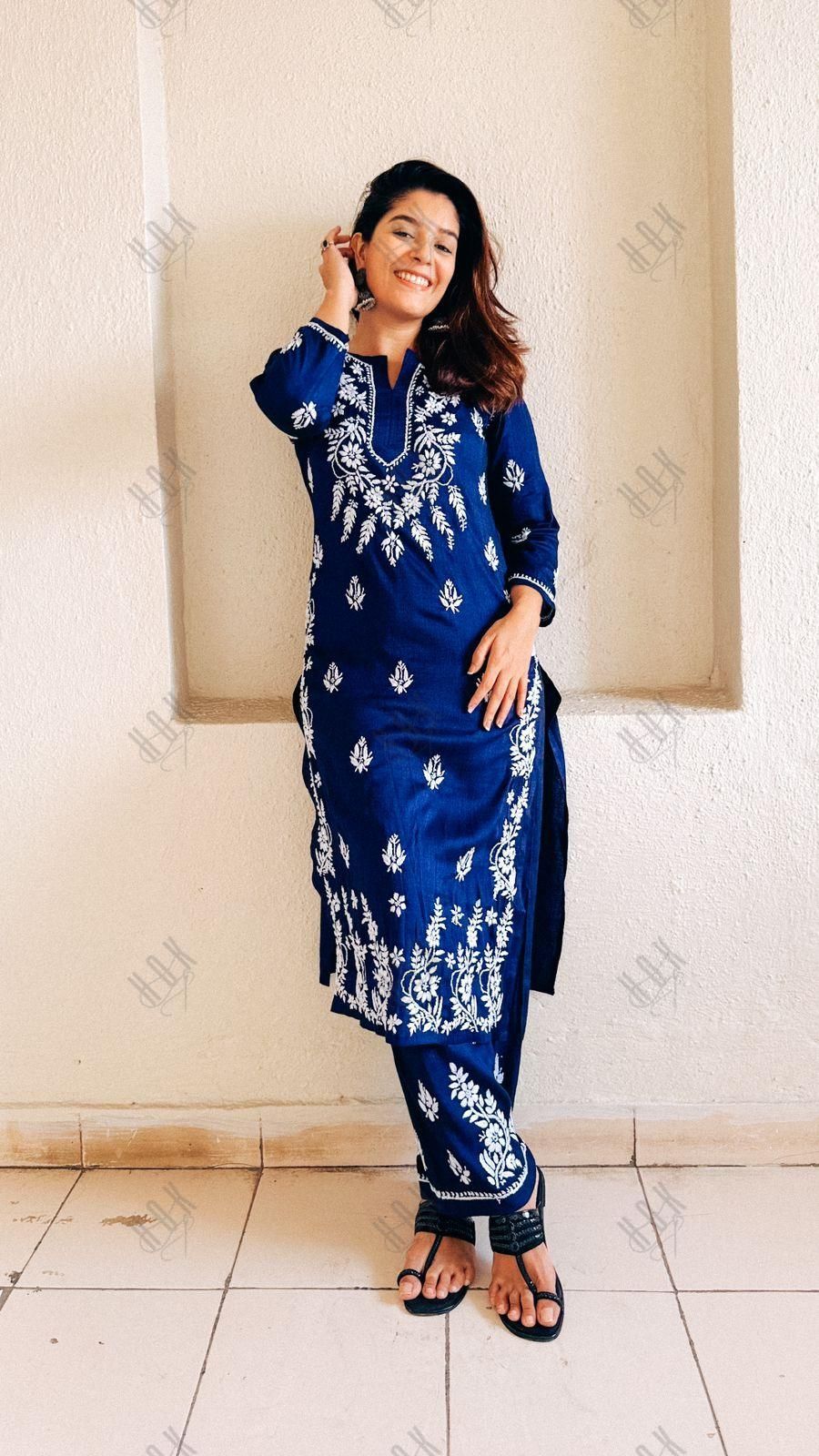 Soha Ali Khan Pataudi in House of Kari Hand Embroidery Chikankari CO-ORD set for Women In Navy Blue - House Of Kari (Chikankari Clothing)