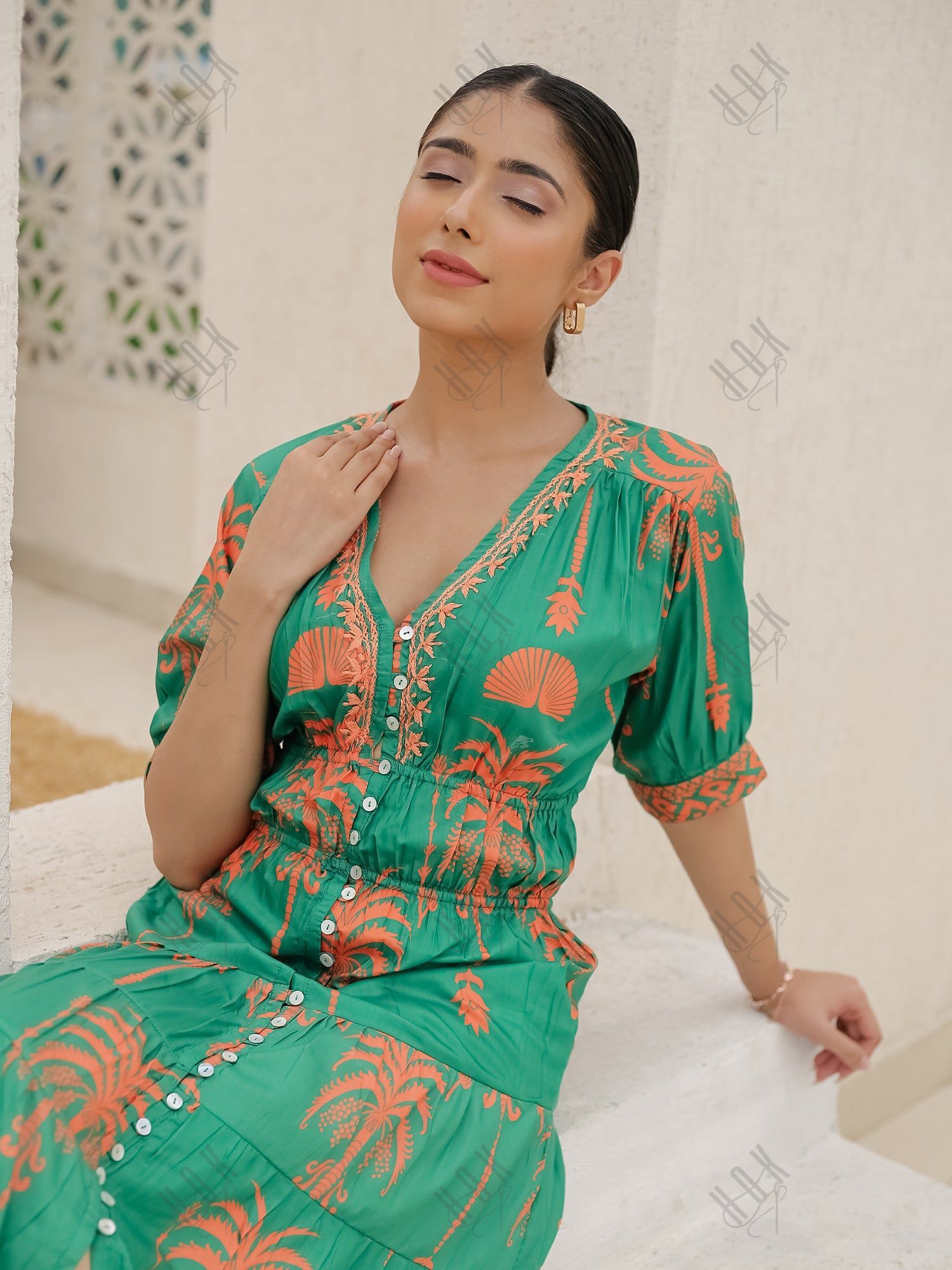 Saba Chikanakri Dress in Printed Muslin  - Green