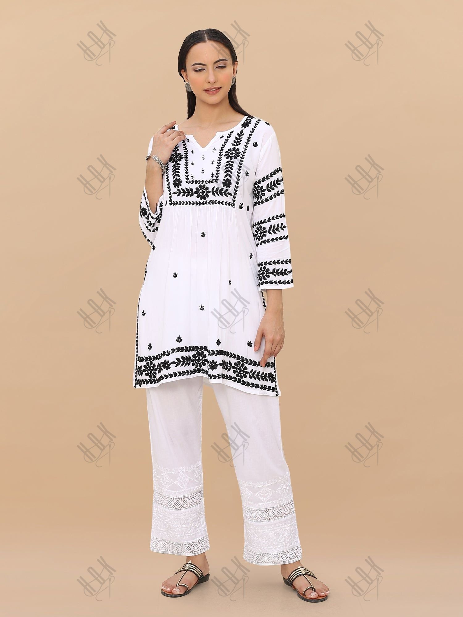 Saba Chikankari Short Kurta in Rayon cotton - White With Black