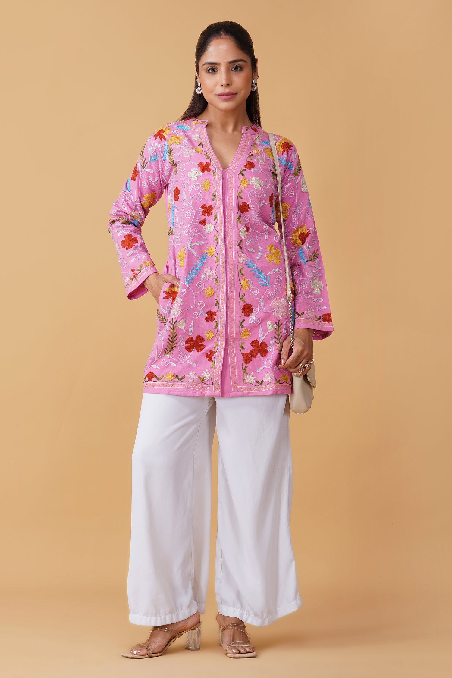 Woolen Kashmiri Aari Jacket – Pink Floral