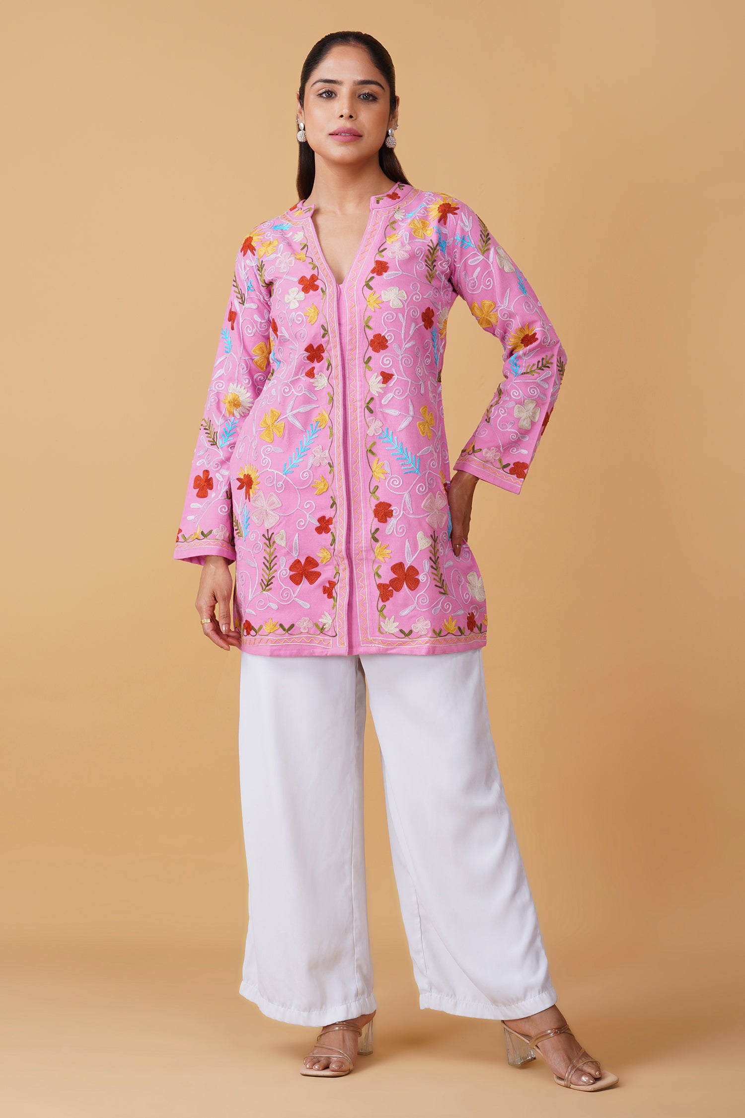 Woolen Kashmiri Aari Jacket – Pink Floral
