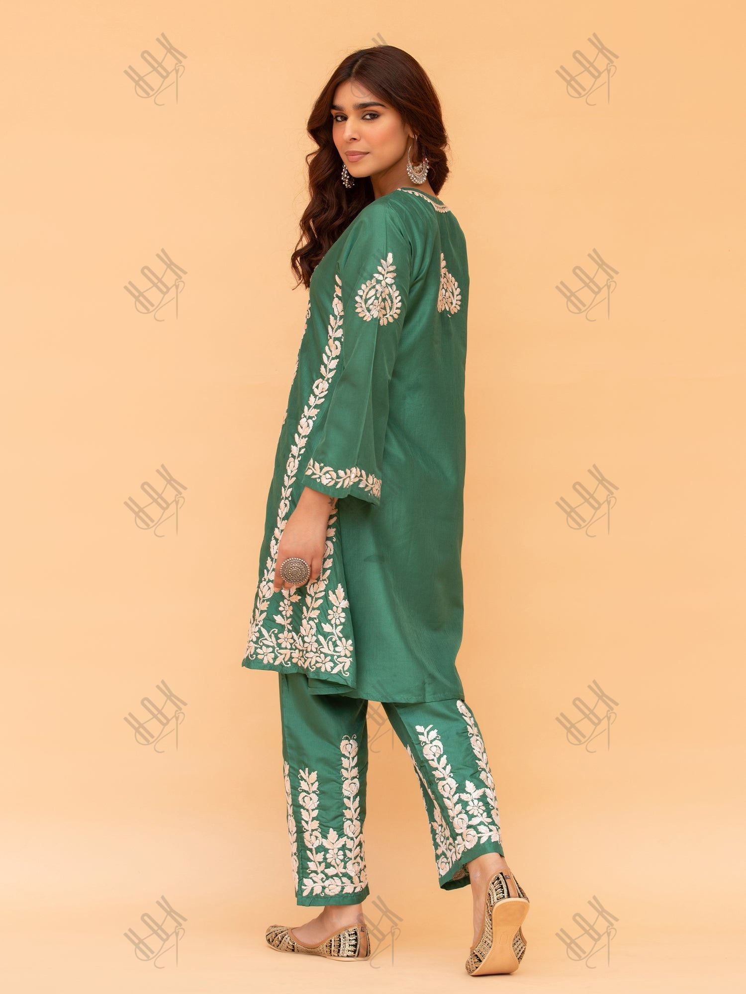 Saba Chikankari Kurta Set in Habutai Silk - Green