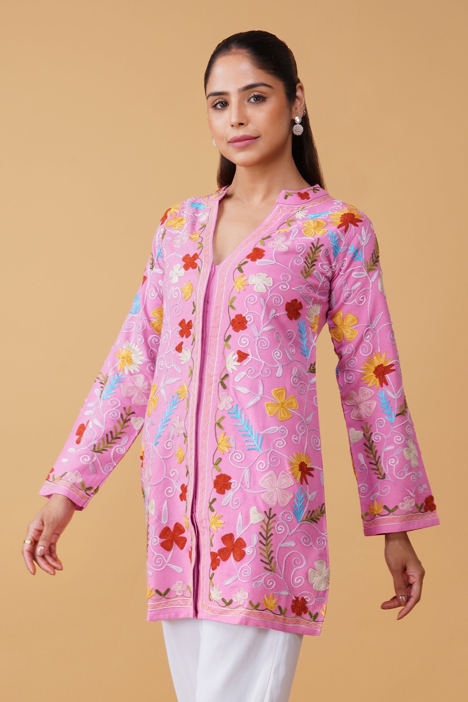 Woolen Kashmiri Aari Jacket – Pink Floral