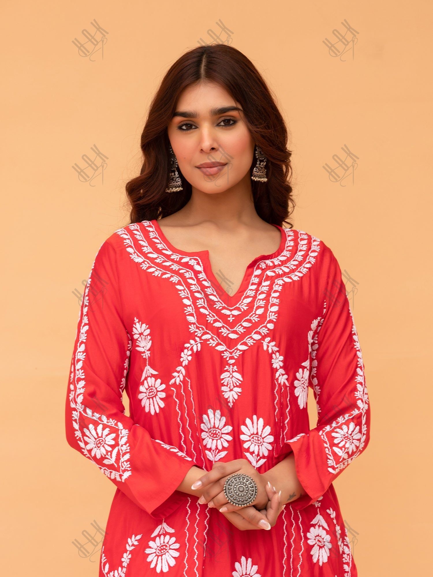 Saba Chikankari Long Kurta in Barfi Silk - Red