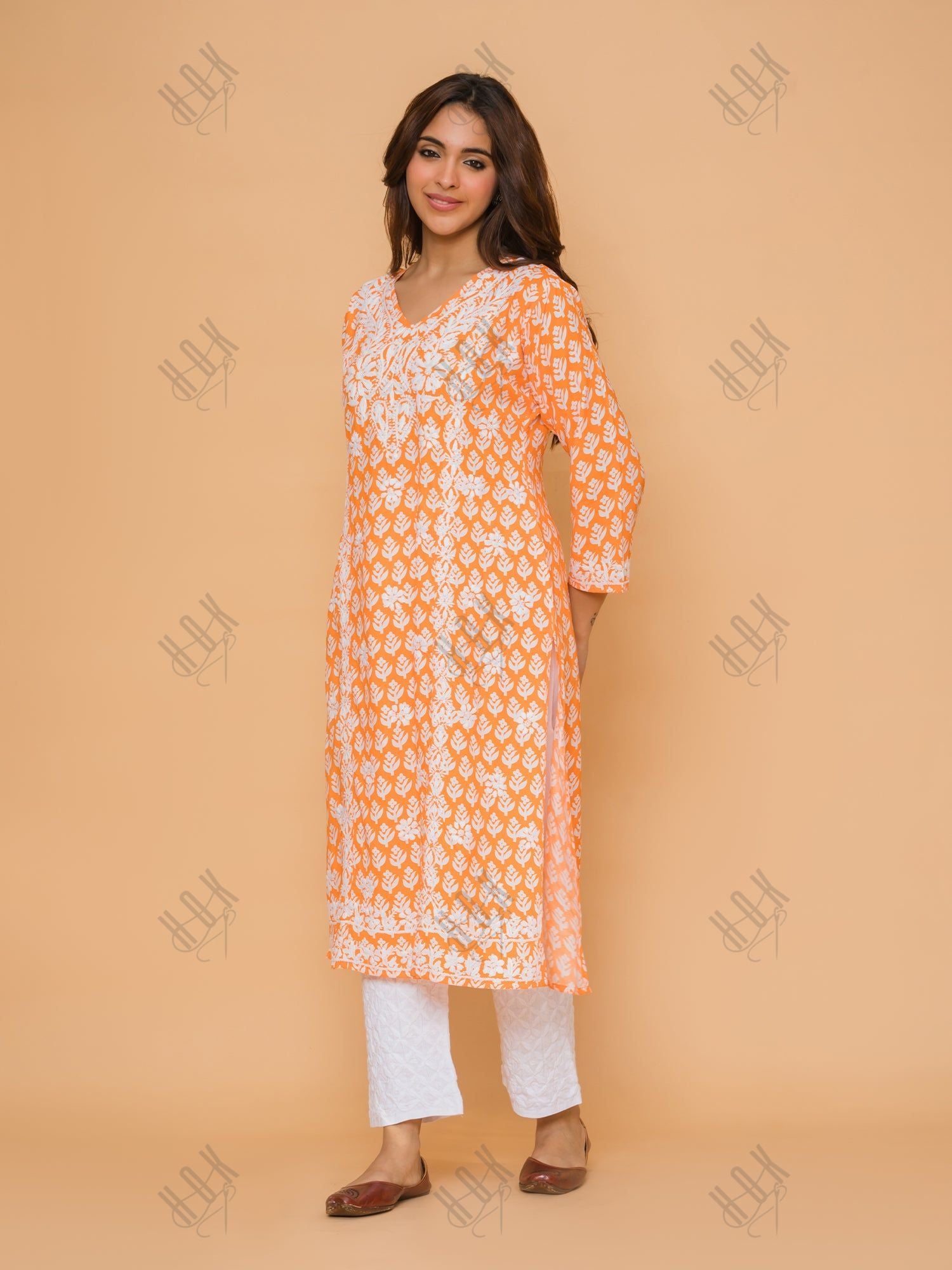 Saba Chikankari Kurta in Muslin - Orange