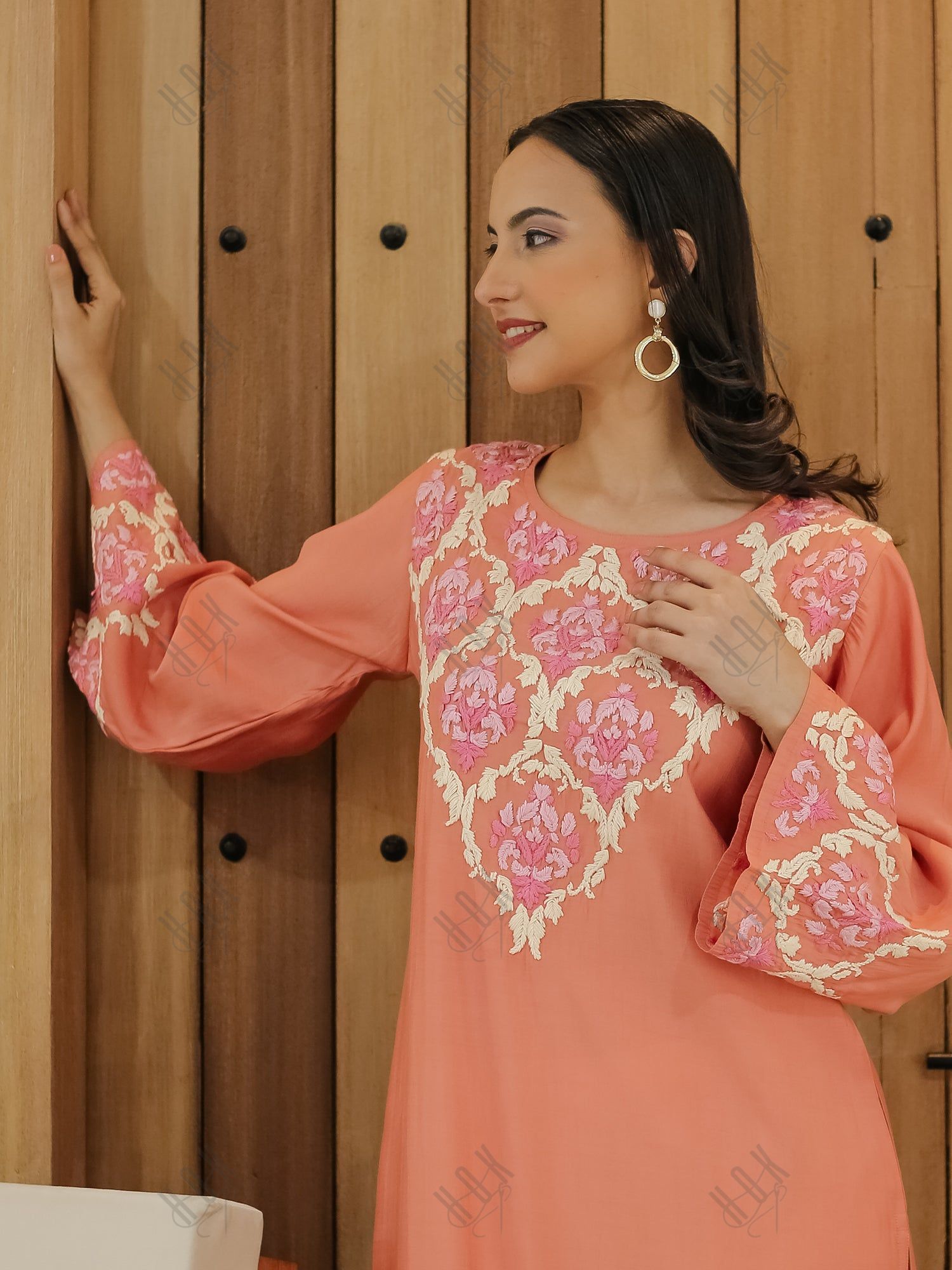 Saba Chikankari Long Kurta in Modal Silk - Peach