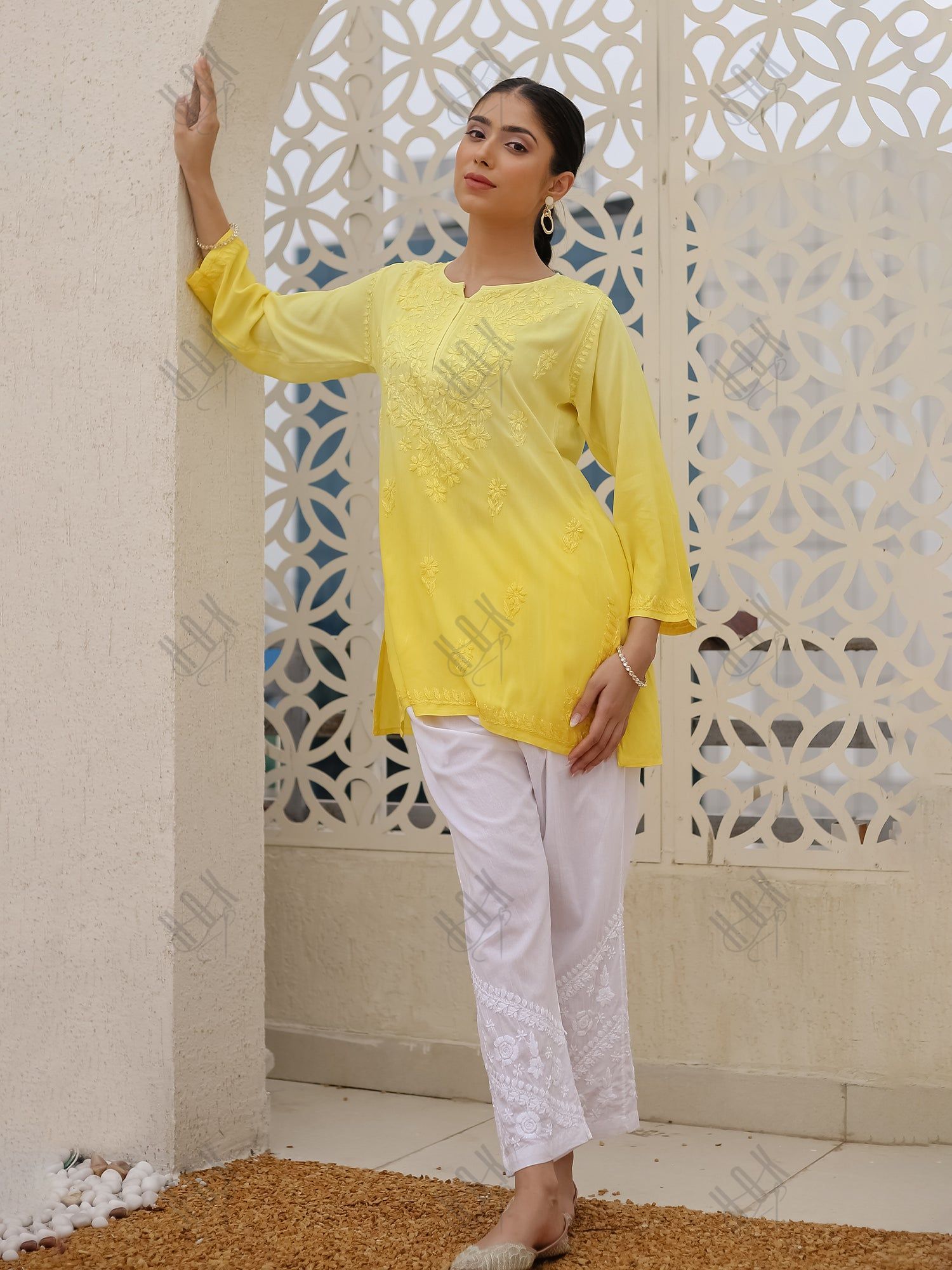 Saba Chikankari Short Kurta in Rayon cotton - Yellow