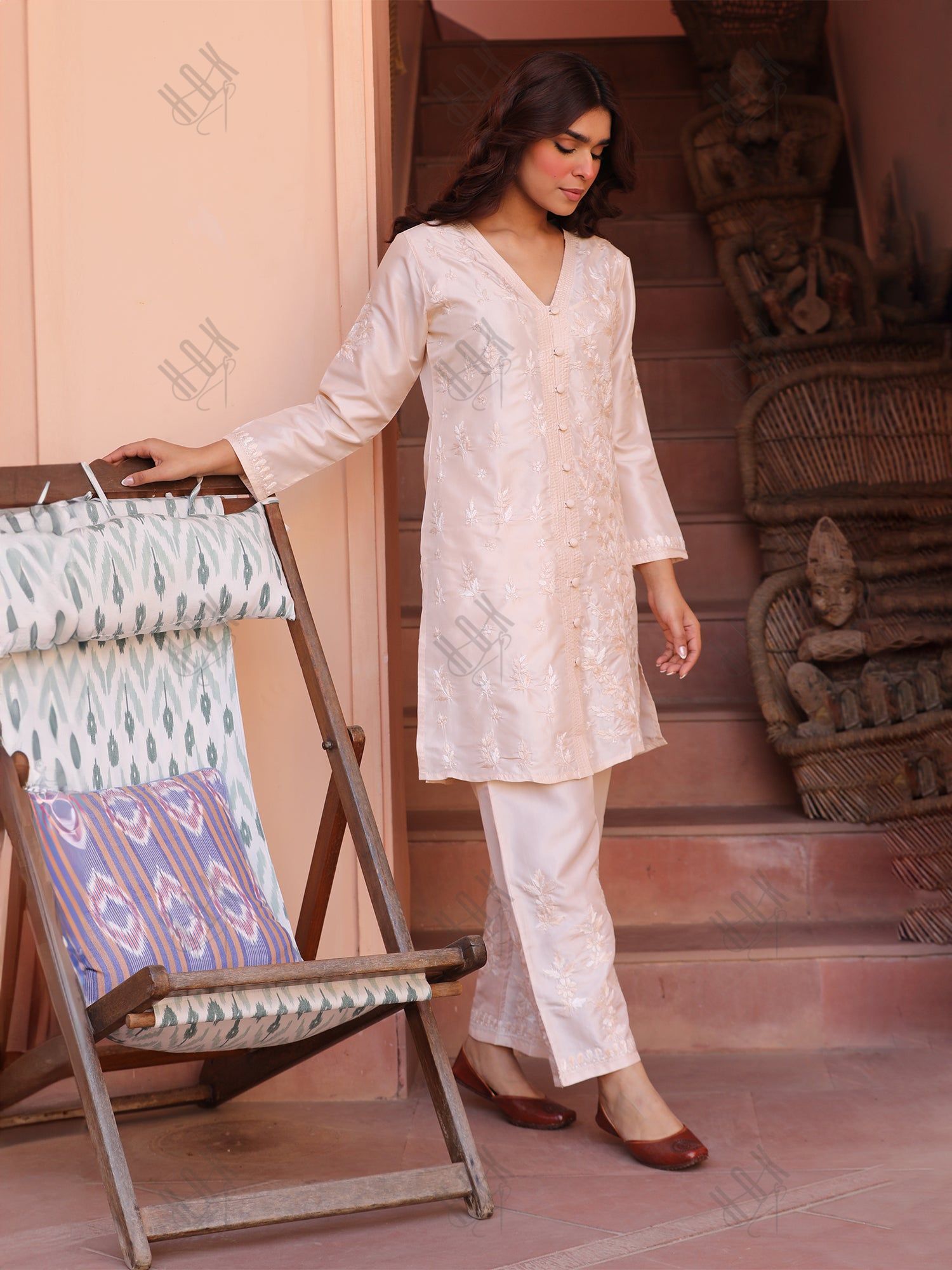 Saba Chikankari Kurta Set in Habutai Silk - Cream