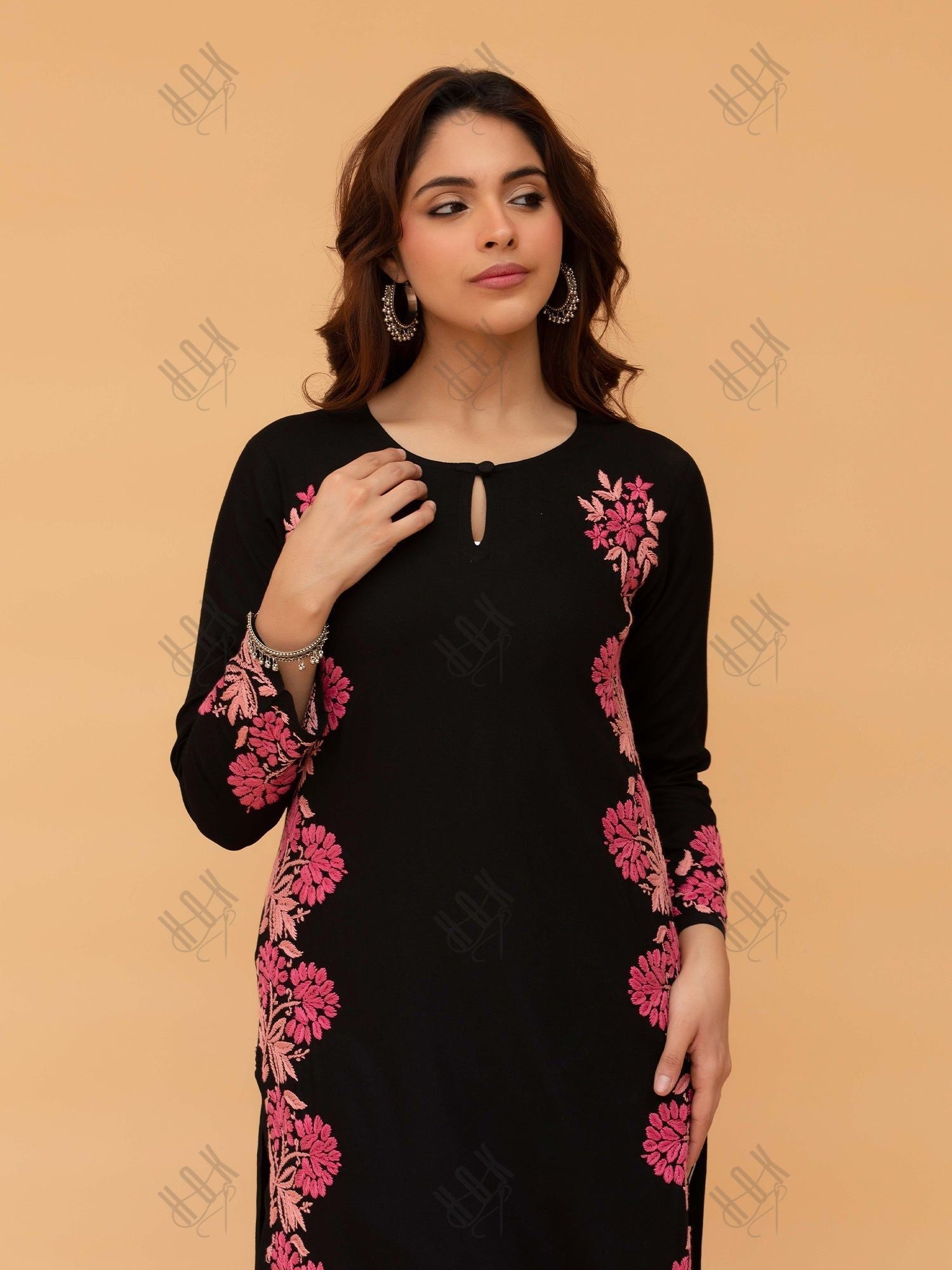 Saba Chikankari Long Kurta in Rayon Cotton - Black