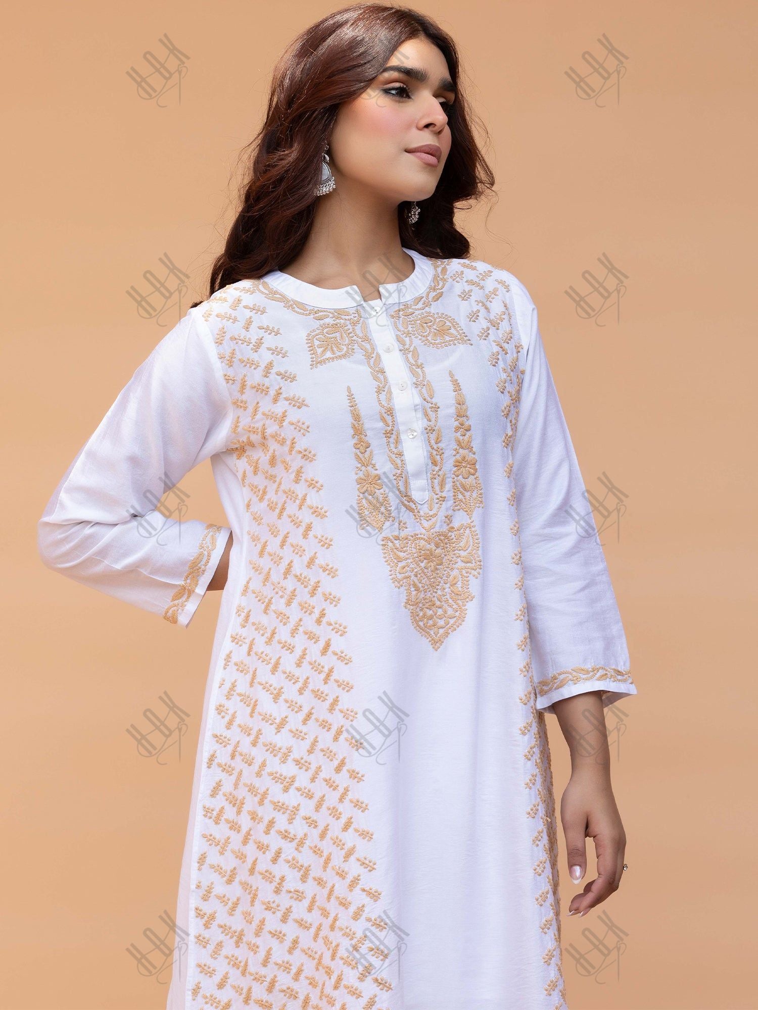 Saba Chikankari Long Kurta in Chanderi Silk with Beige