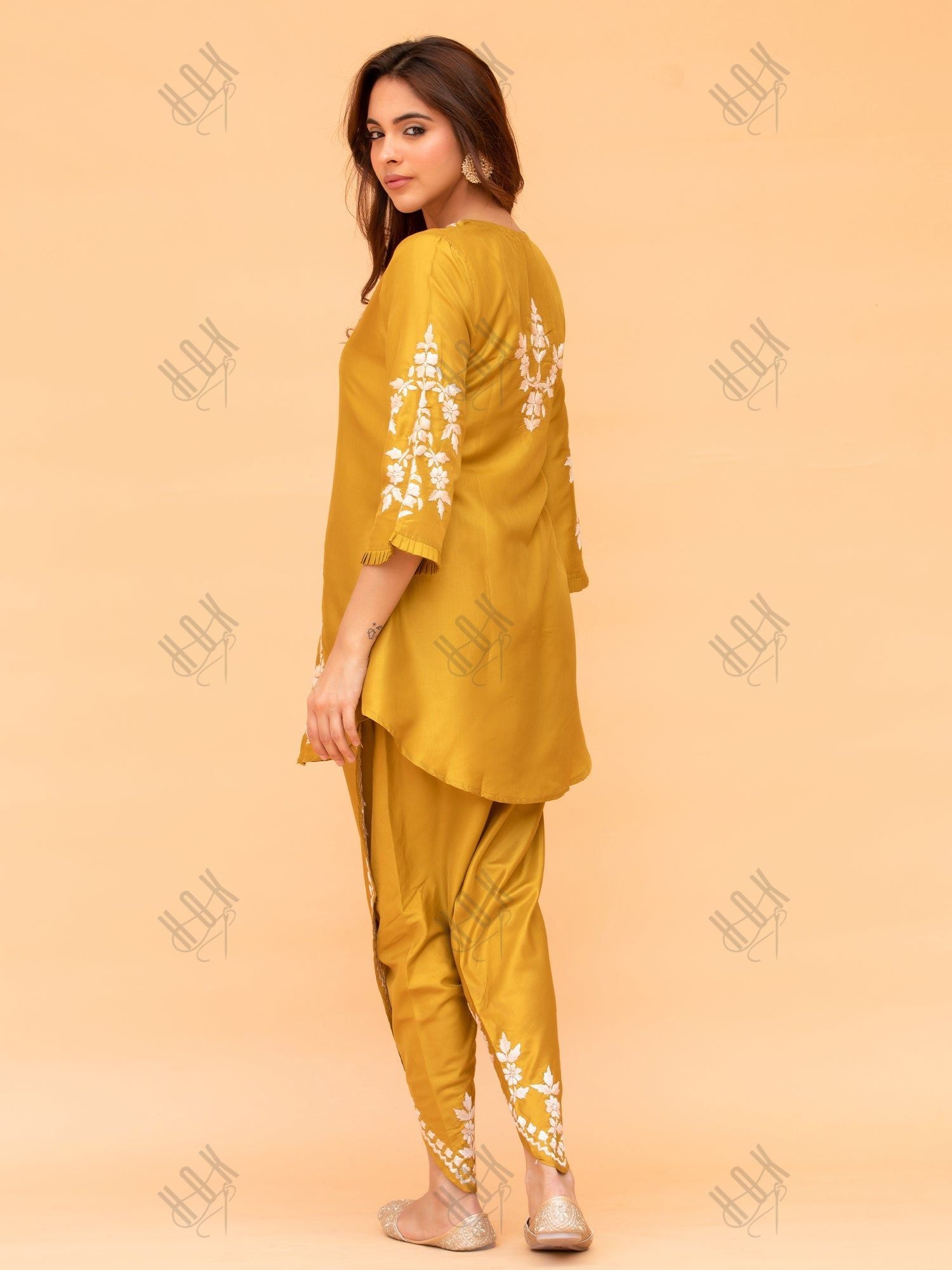 Sneha in Saba Chikankari Kurta Set in Habutai Silk - Mustard