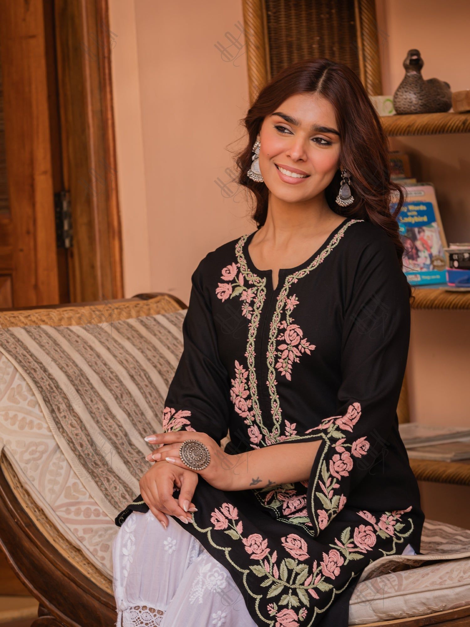 Saba Chikankari Kurta in Rayon Cotton - Black