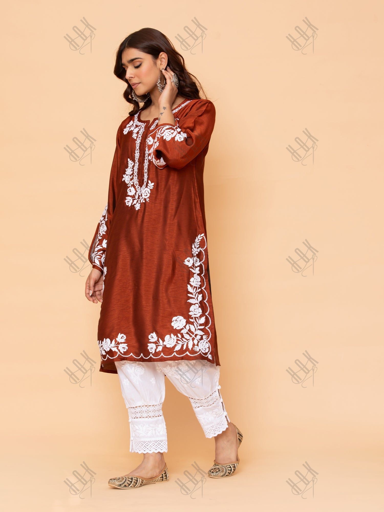 Saba Chikankari Long Kurta in Barfi Silk - Chutney