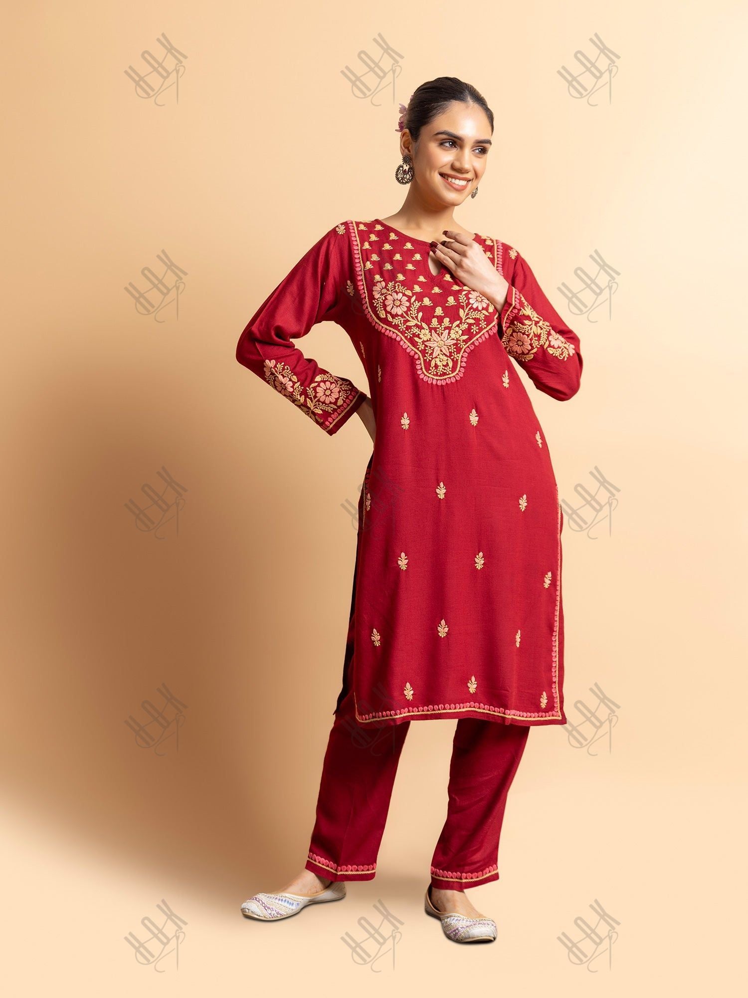 Saba Chikankari Cotton Silk Kurta Set for Women - Maroon