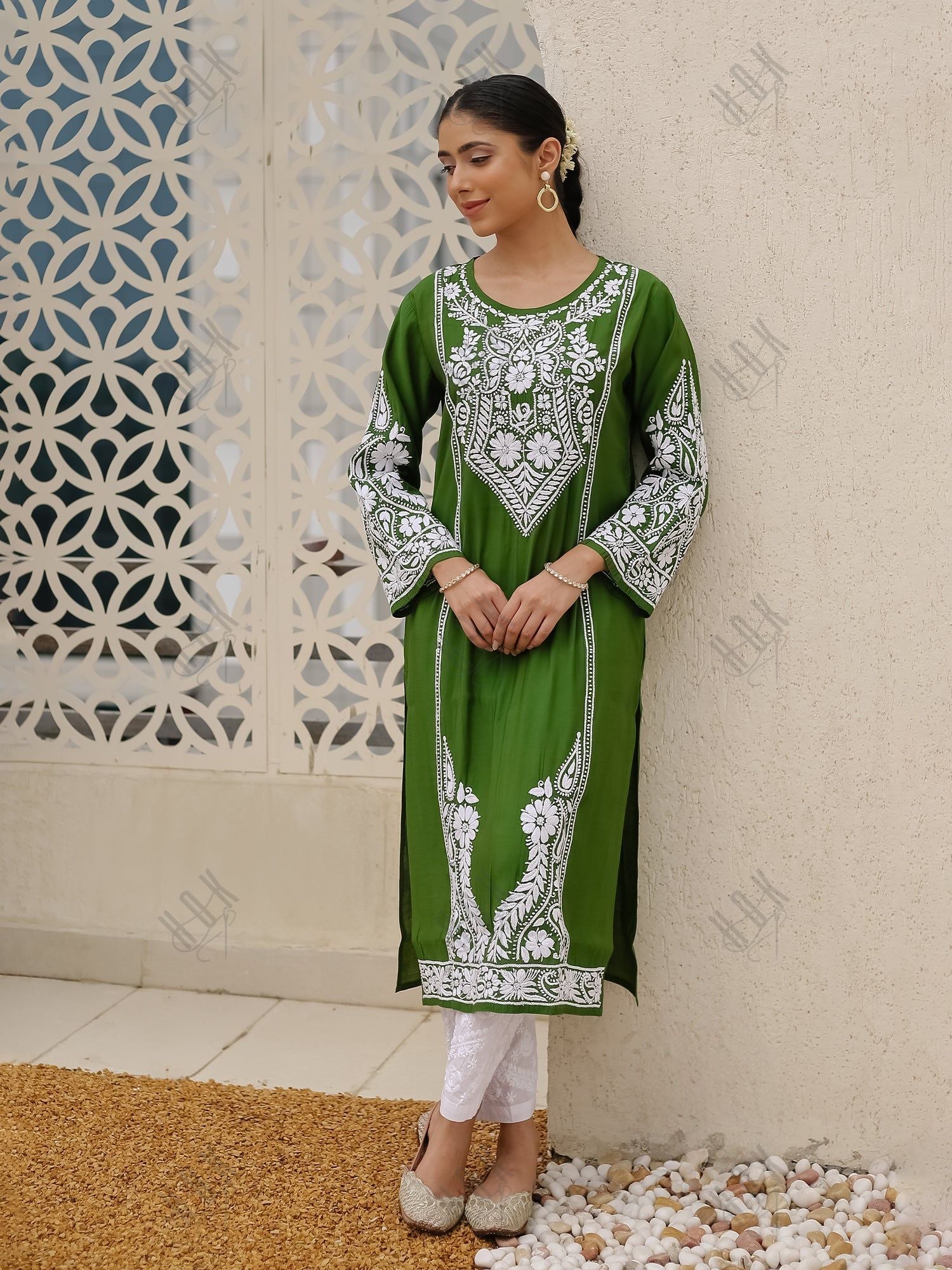 Saba Chikankari Kurti in Modal Silk - Green