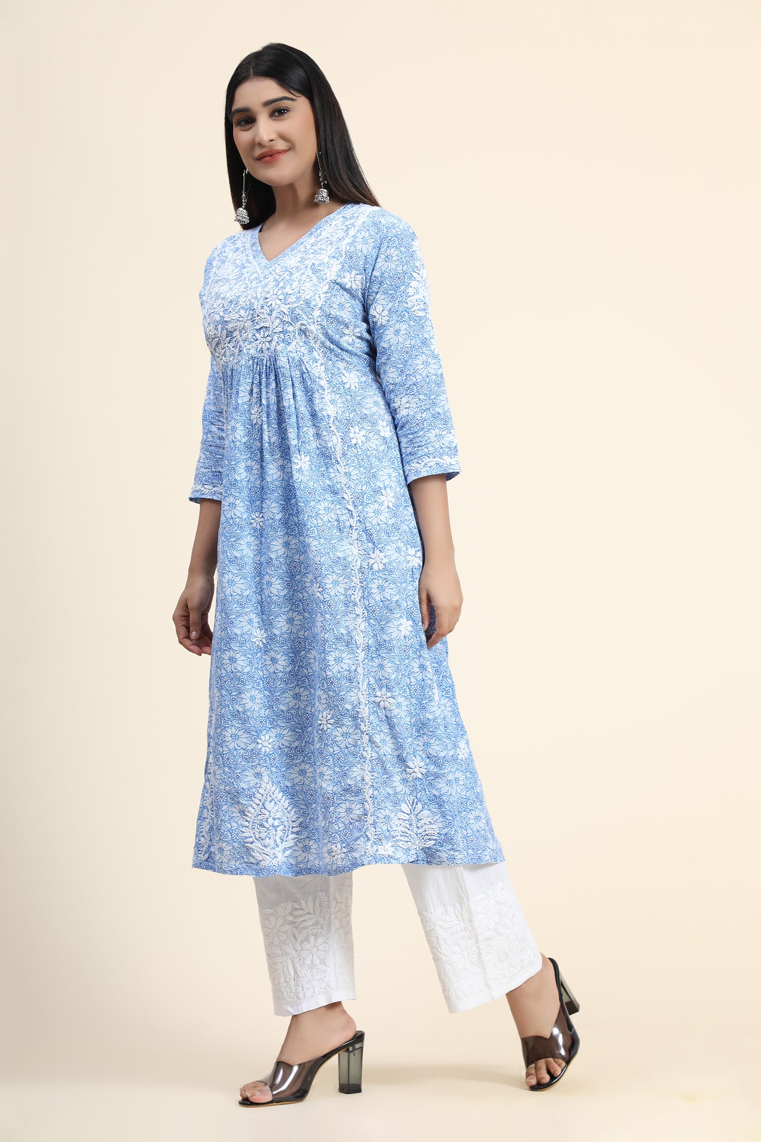 Hand embroidery Chikankari V neck Anarkali Dress | Long Kurti in Cotton For Women