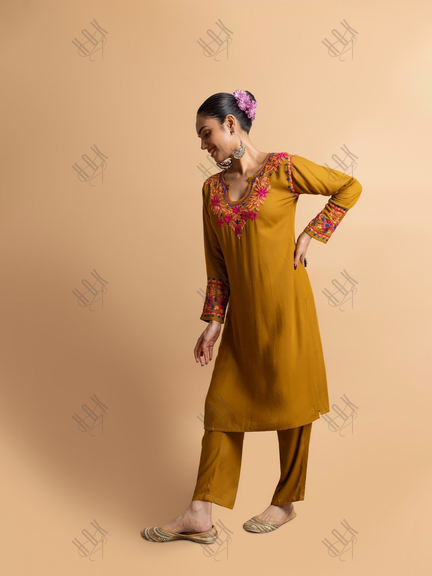 Sonakshi in Fizaa's Chikankari Cotton Silk Kurta Set for Women - Mustard