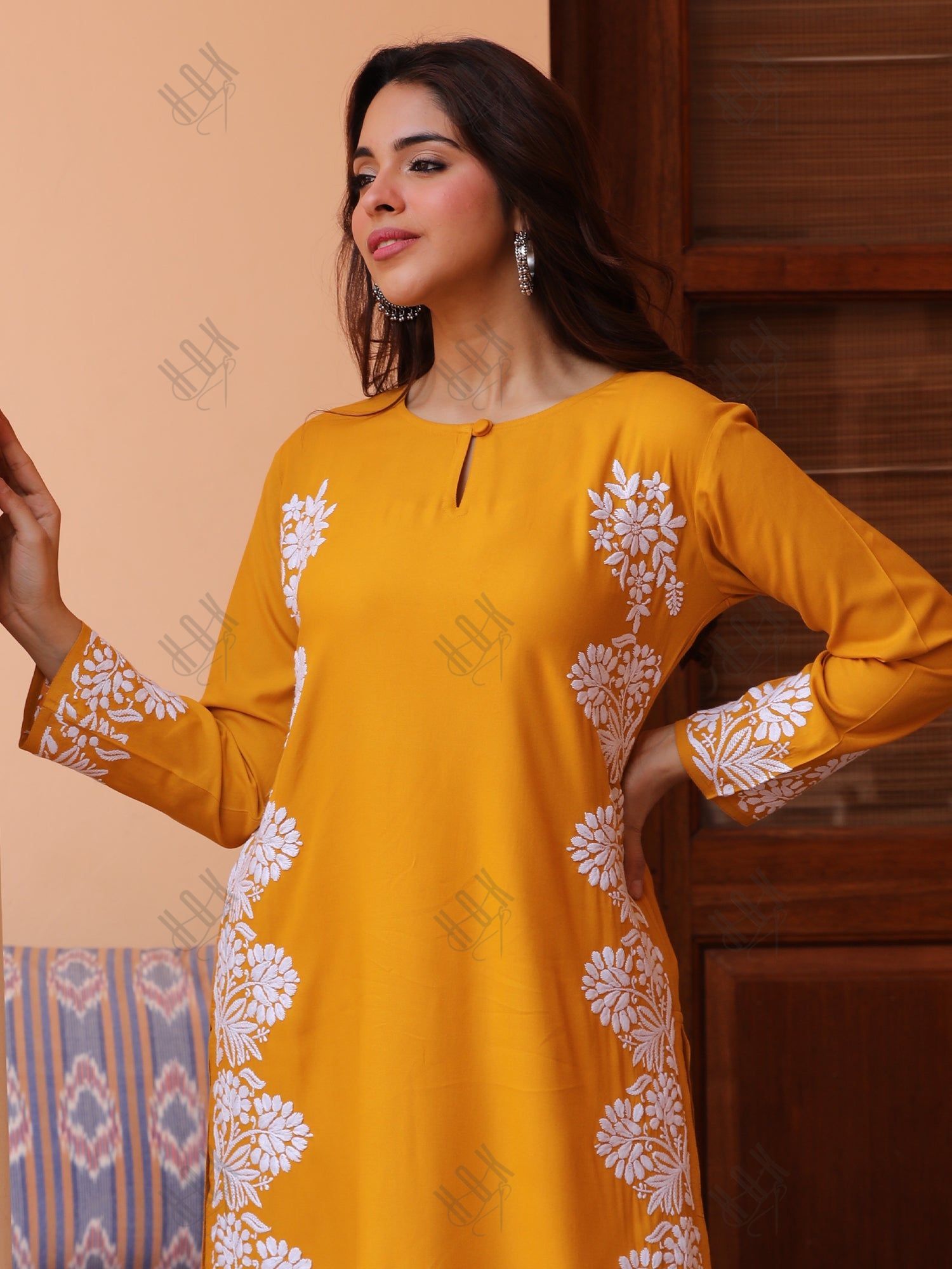 Saba Chikankari Long Kurta in Rayon cotton - Mustard