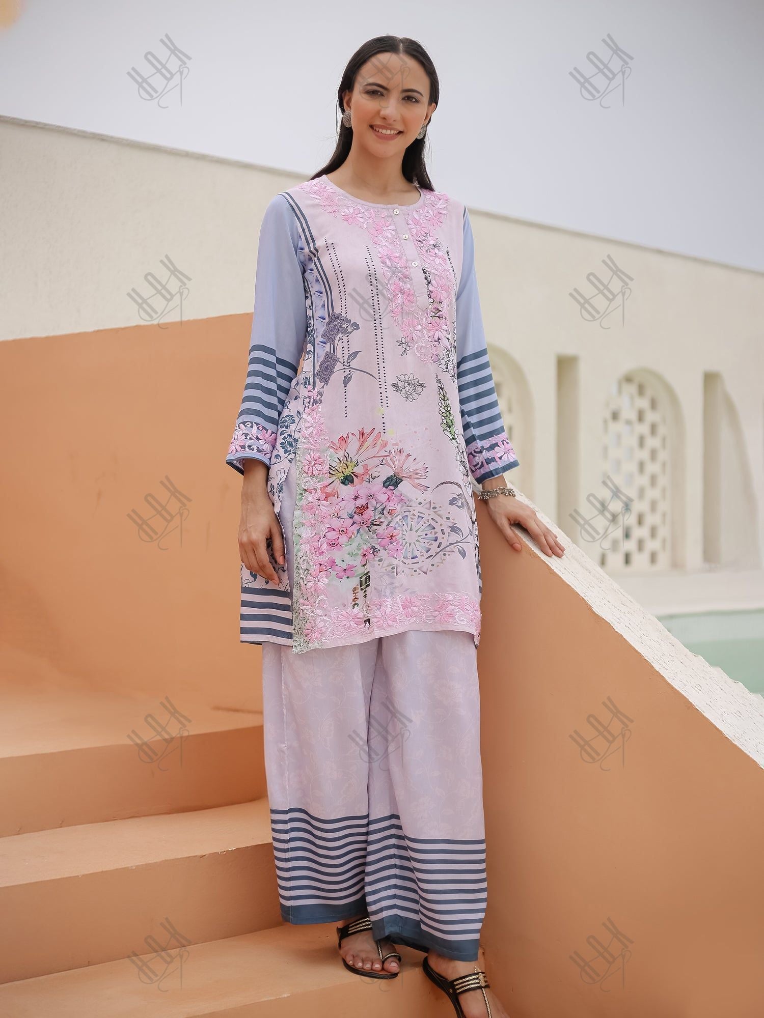 Saba Chikankari Set in Printed Polysilk - Pink Blue