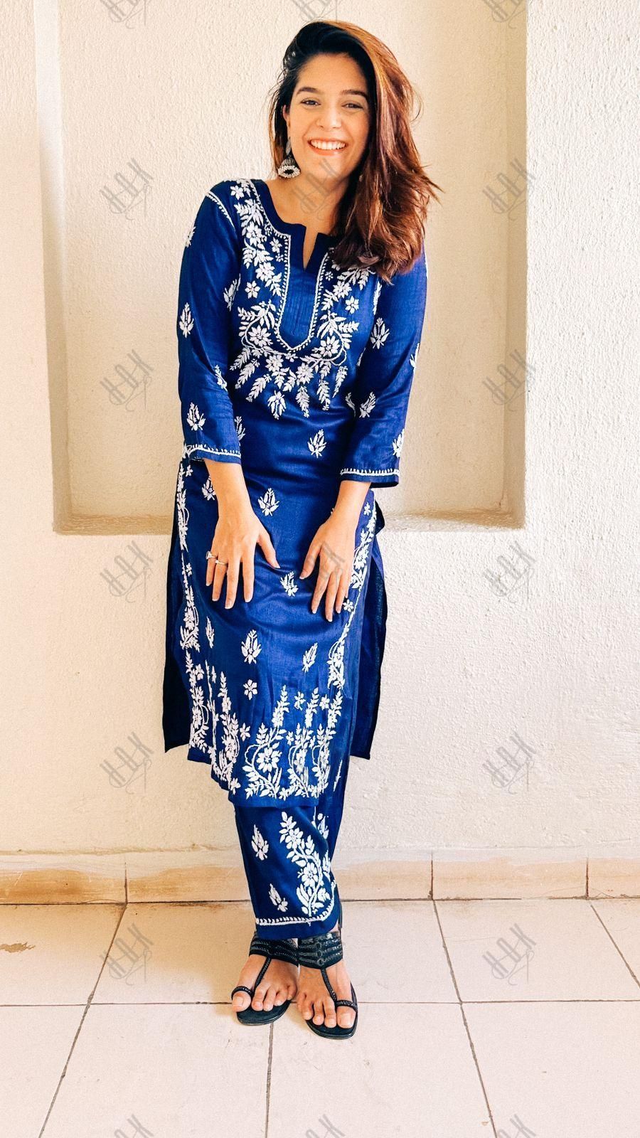 Soha Ali Khan Pataudi in House of Kari Hand Embroidery Chikankari CO-ORD set for Women In Navy Blue - House Of Kari (Chikankari Clothing)