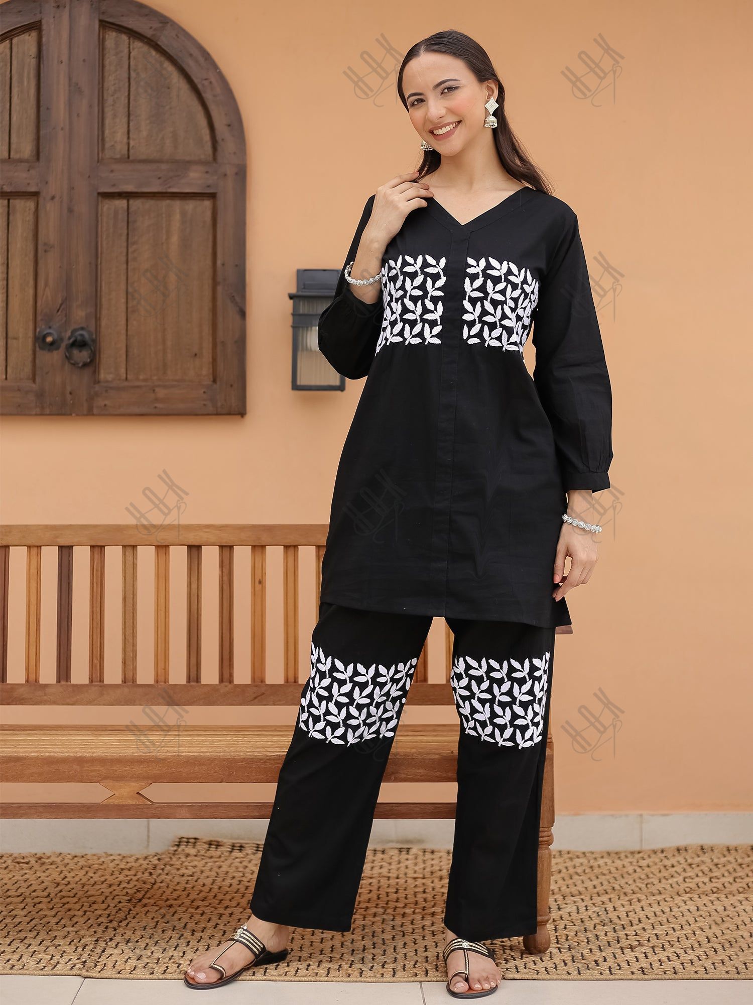 Saba Chikankari Cord Set in Cambric cotton - Black With White