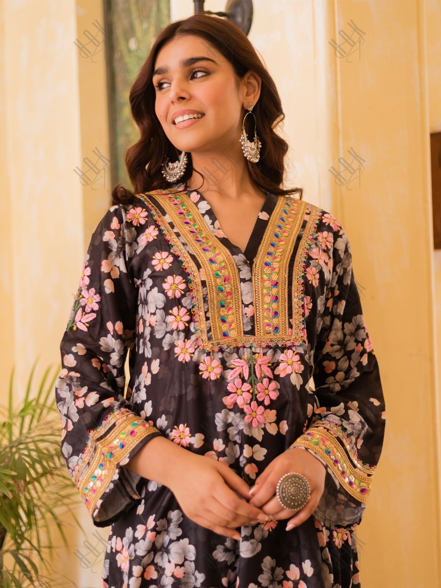 Saba Chikankari Kurta Set in Muslin Silk - Black