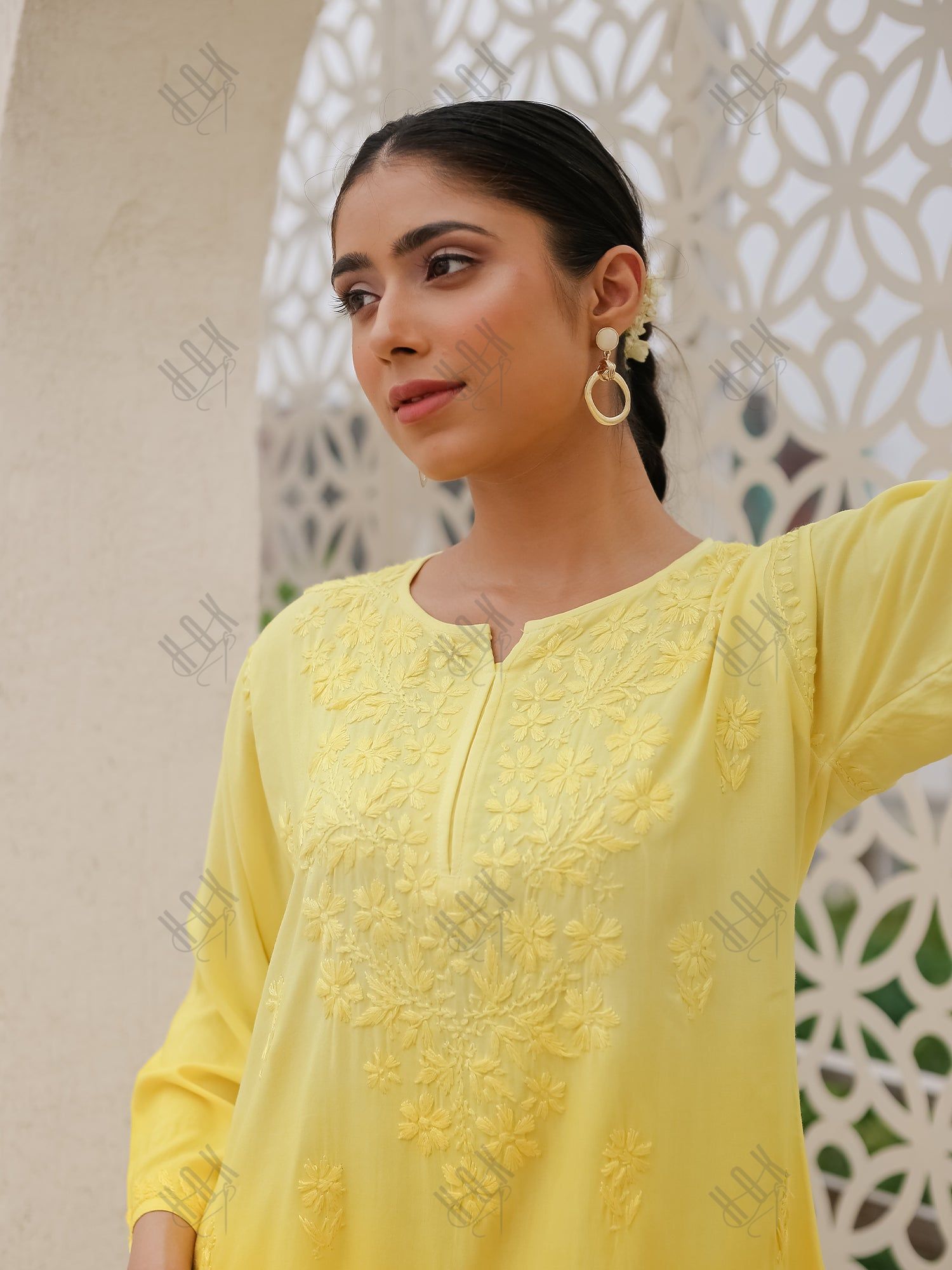 Saba Chikankari Short Kurta in Rayon cotton - Yellow