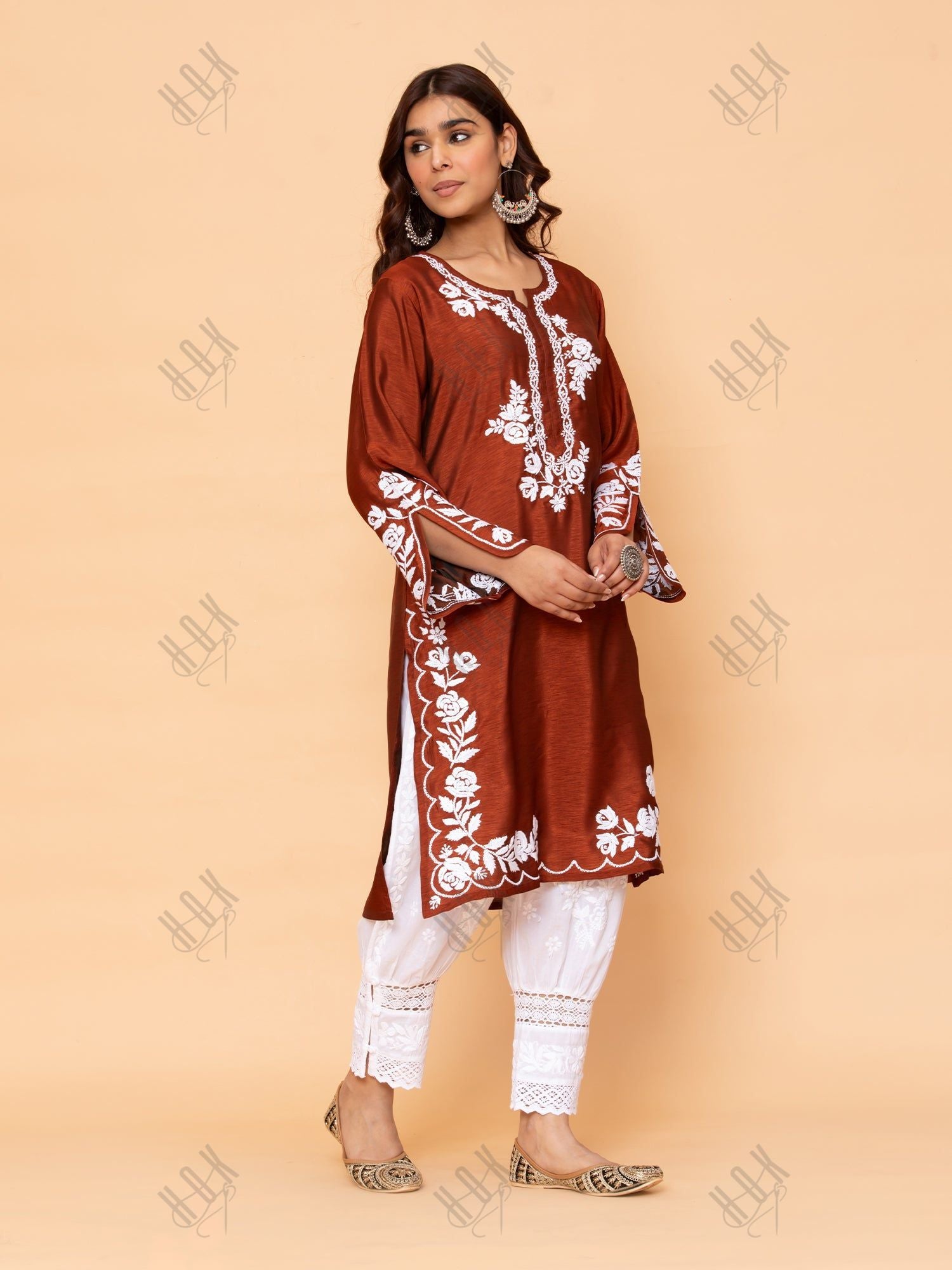 Saba Chikankari Long Kurta in Barfi Silk - Chutney