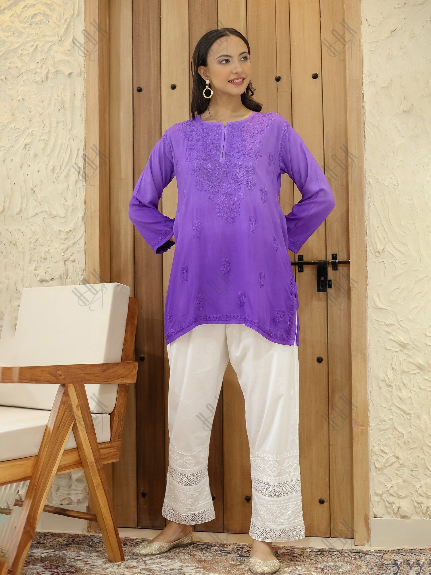 Saba Chikankari Short Kurta in Rayon cotton - Purple