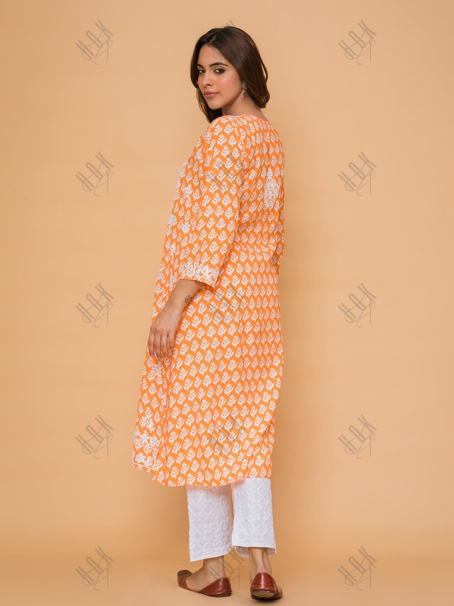 Saba Chikankari Kurta in Muslin - Orange