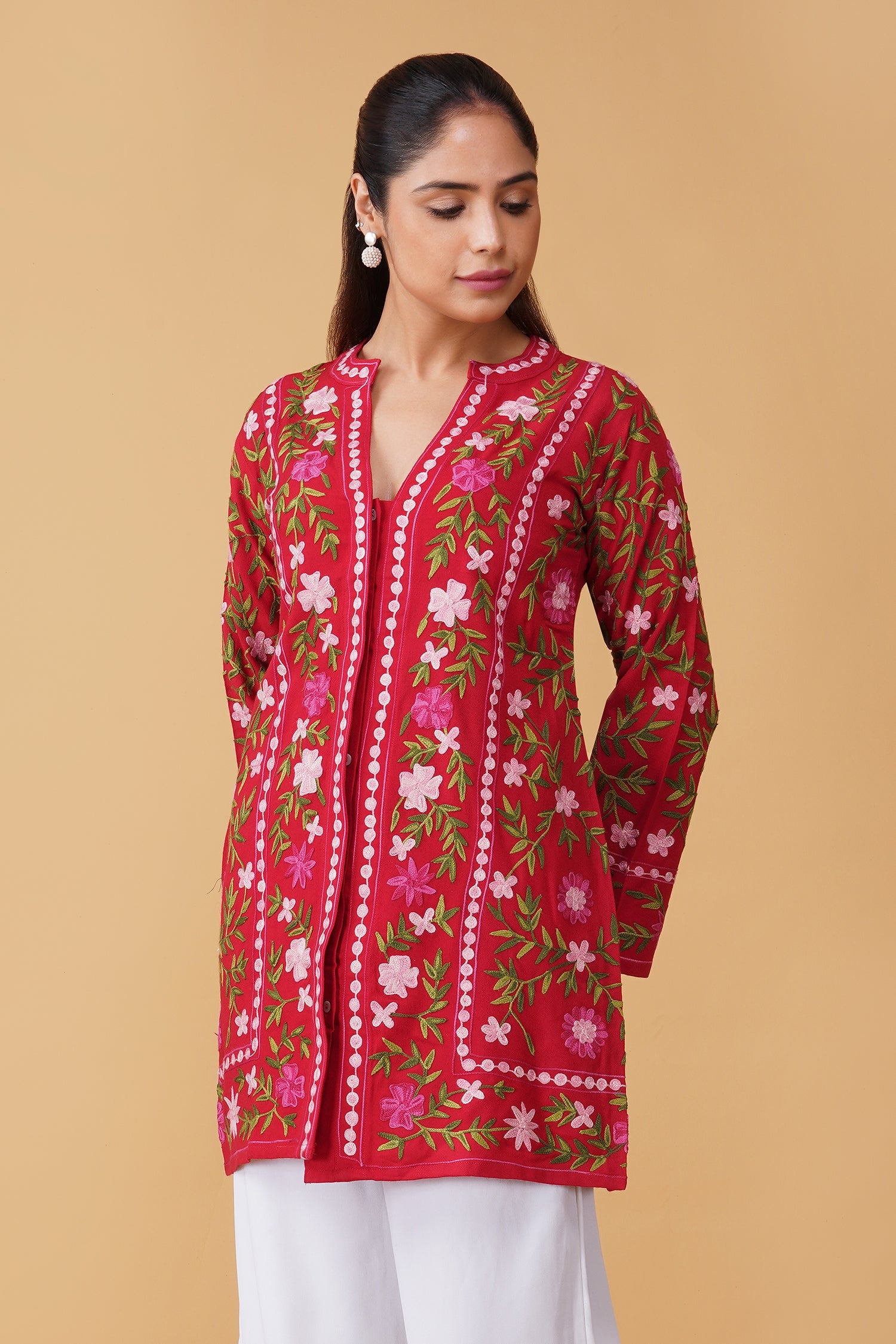 Woolen Kashmiri Aari Jacket – Red Floral