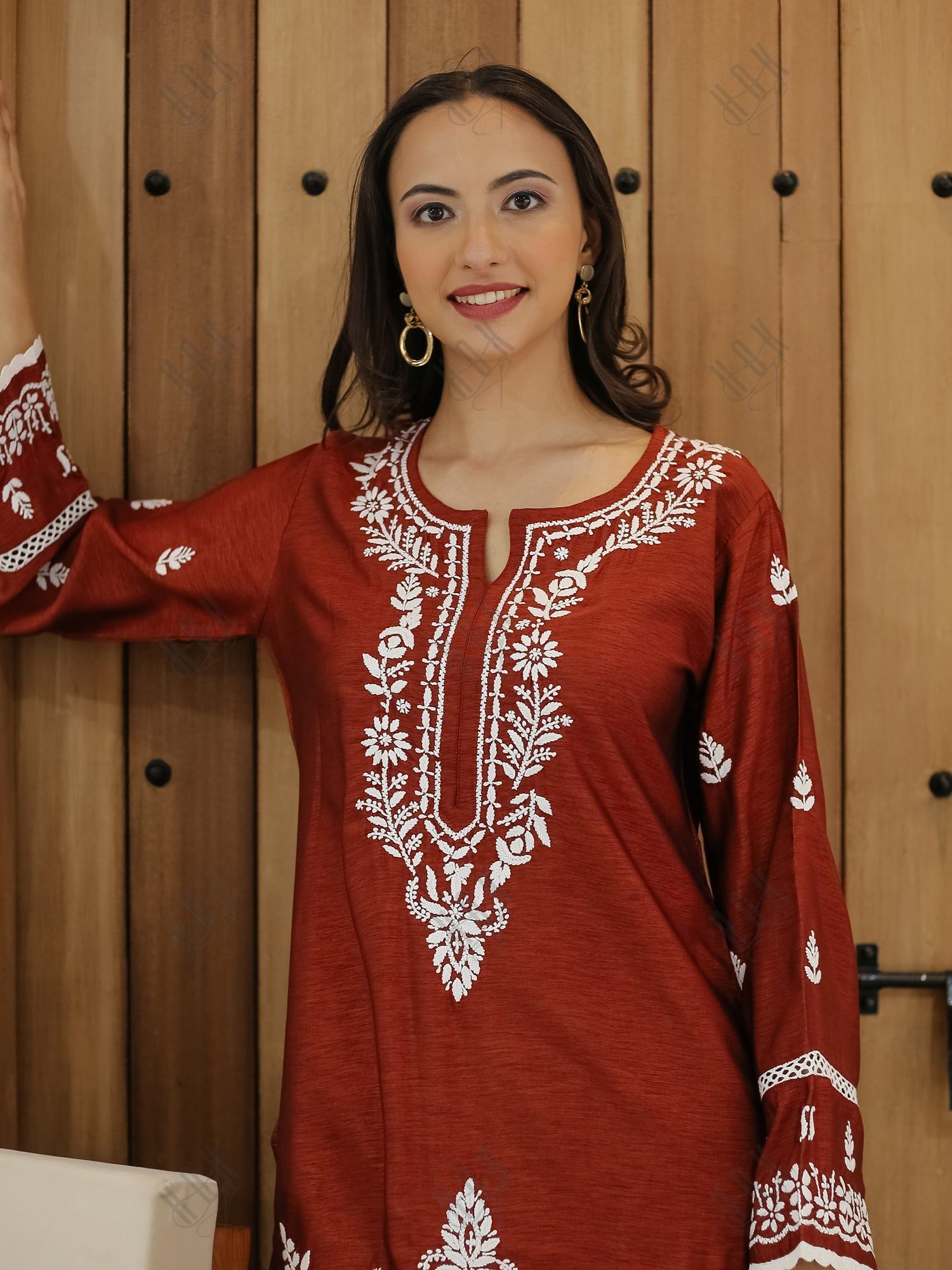 Saba Chikankari Long Kurta in Barfi Silk - Chutney