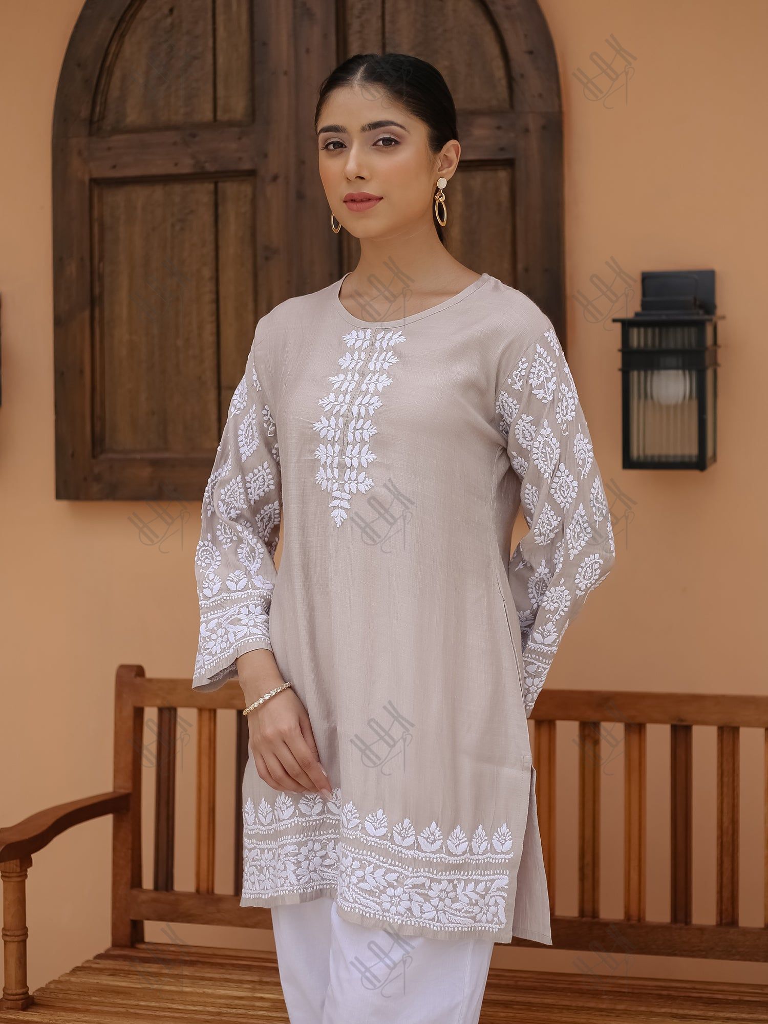 Kaashwi in Saba Chikankari Short kurta in Modal Silk  - Beige