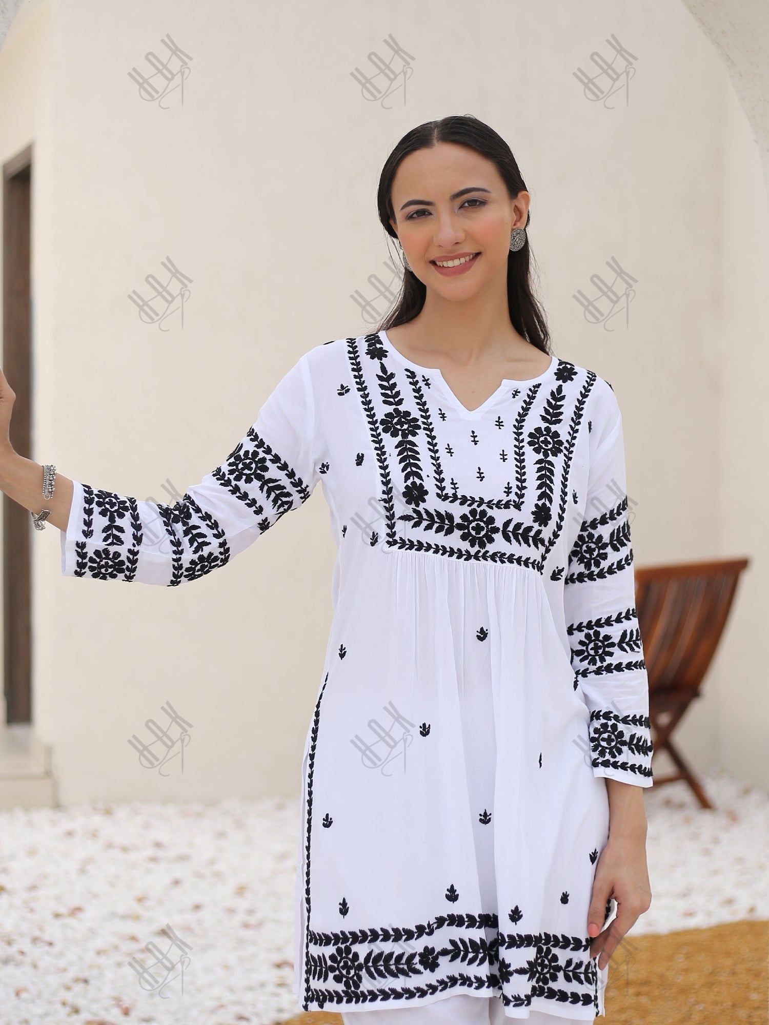 Saba Chikankari Short Kurta in Rayon cotton - White With Black