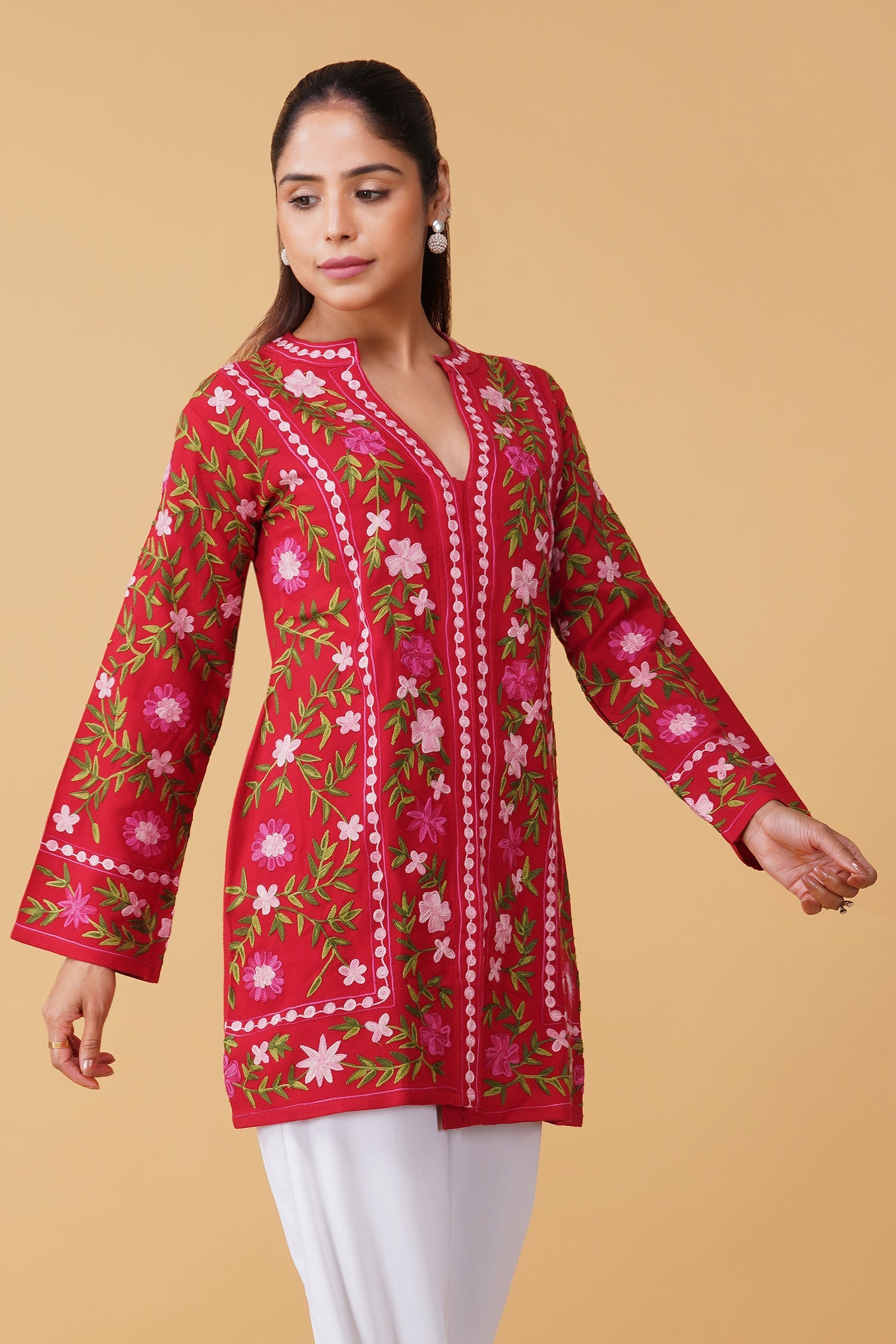 Cotton Kashmiri Aari Embroidered Jacket – Red Floral
