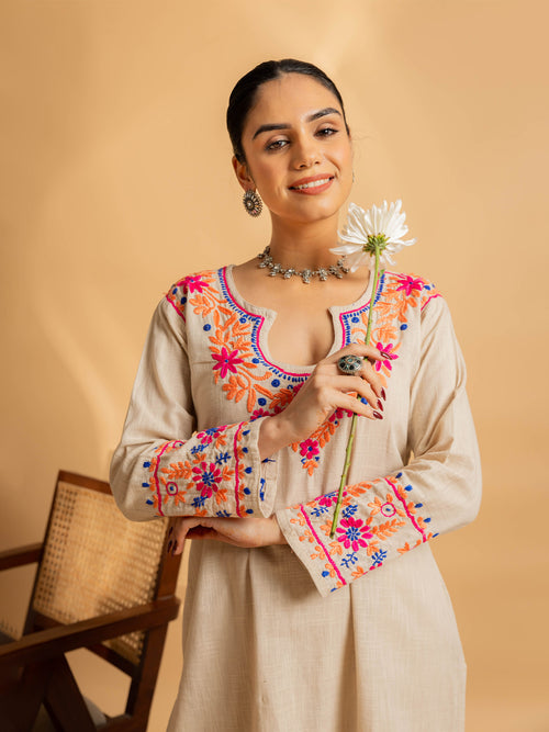 Fizaa's Chikankari in Cotton Kurta Set for Women - Beige