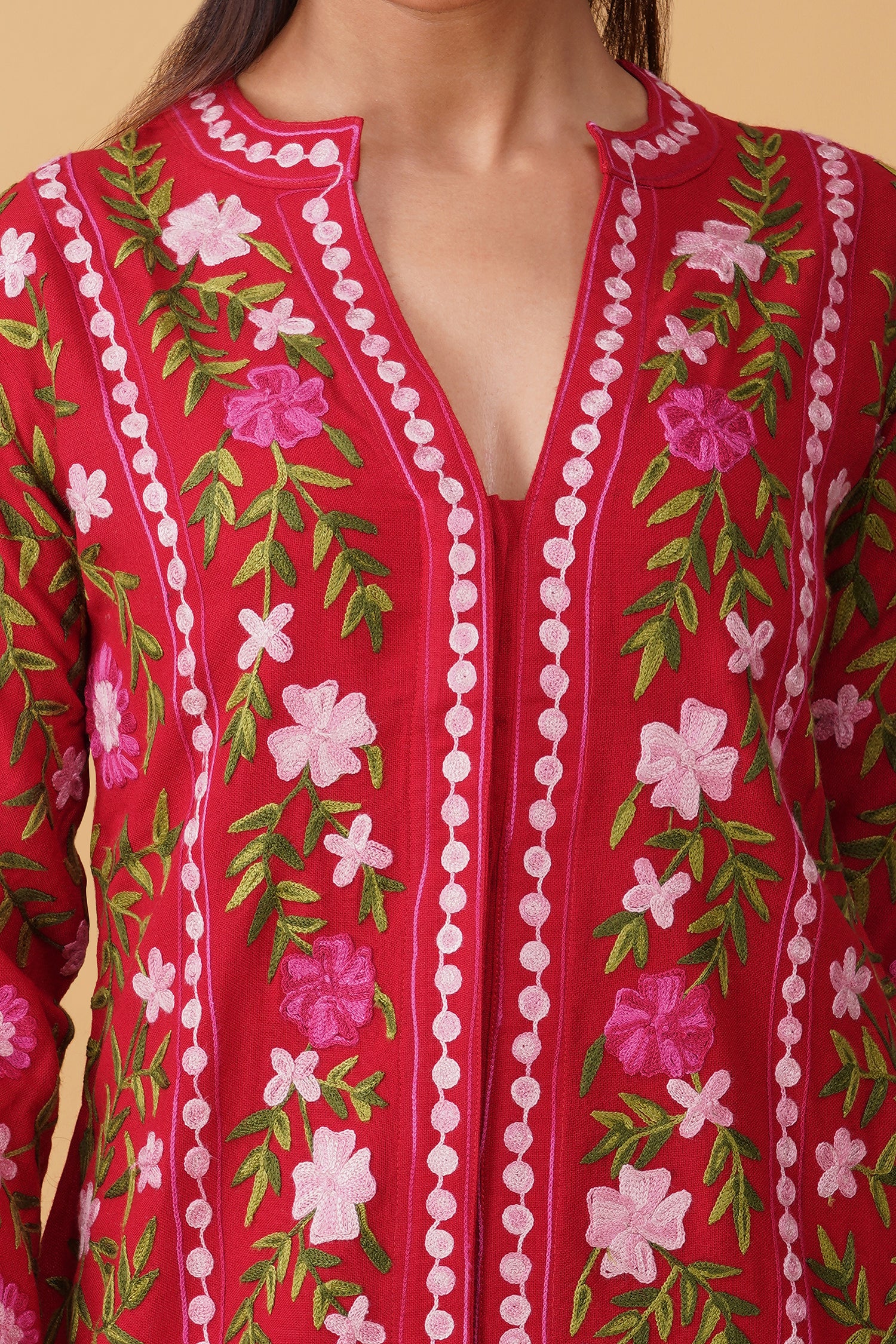 Woolen Kashmiri Aari Jacket – Red Floral